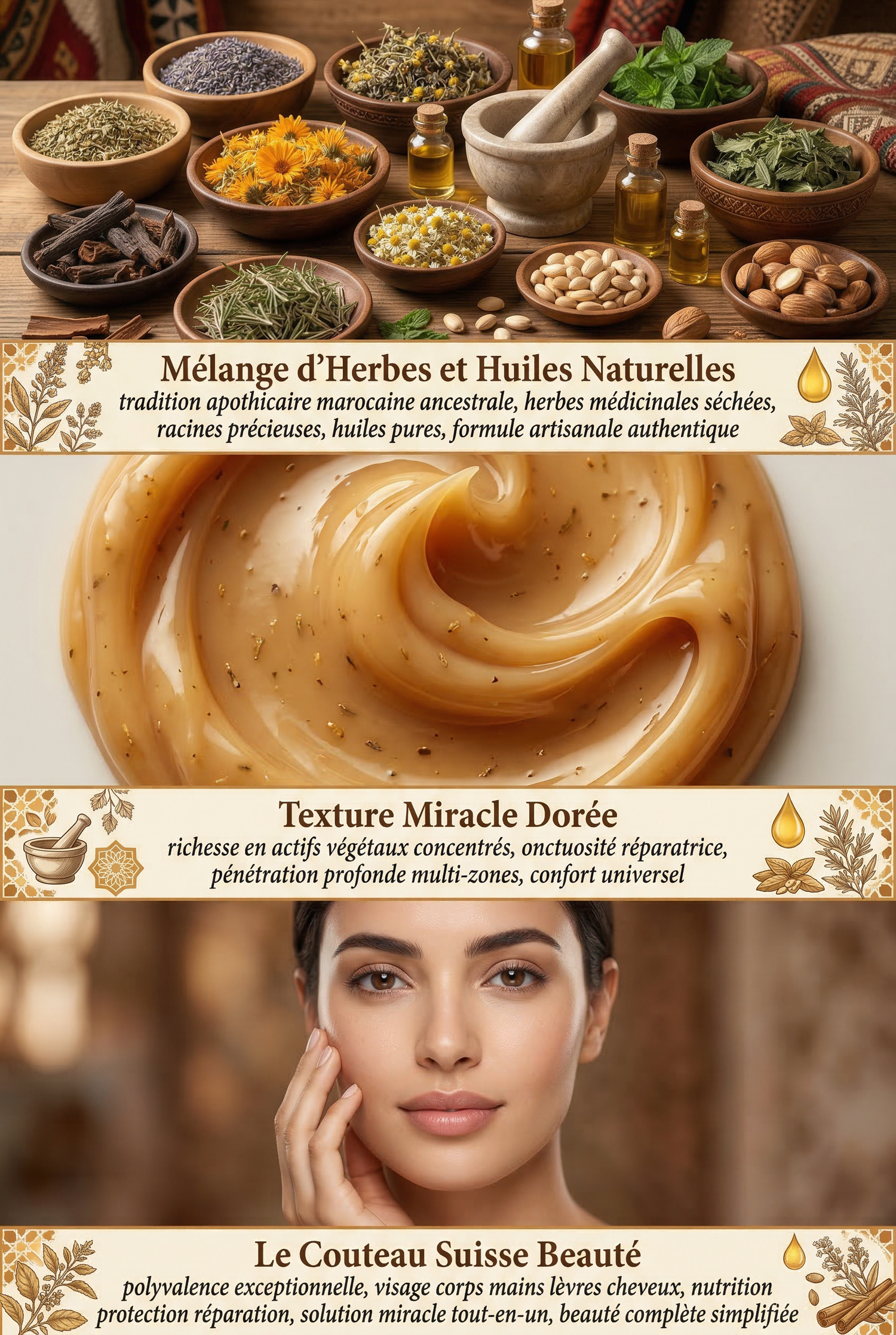 Various dried herbs, natural oils, golden cream texture, and a woman gently touching her face in a skincare context.