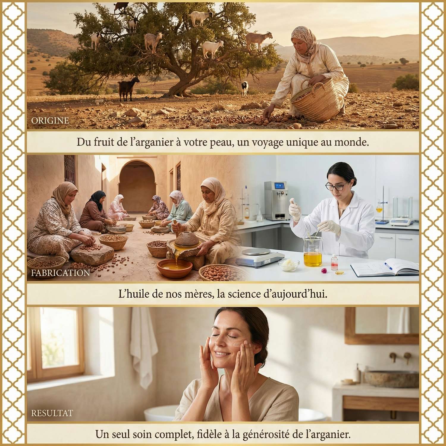 Collage showing argan tree goats, women processing argan nuts, lab testing oil, and woman applying skincare cream.