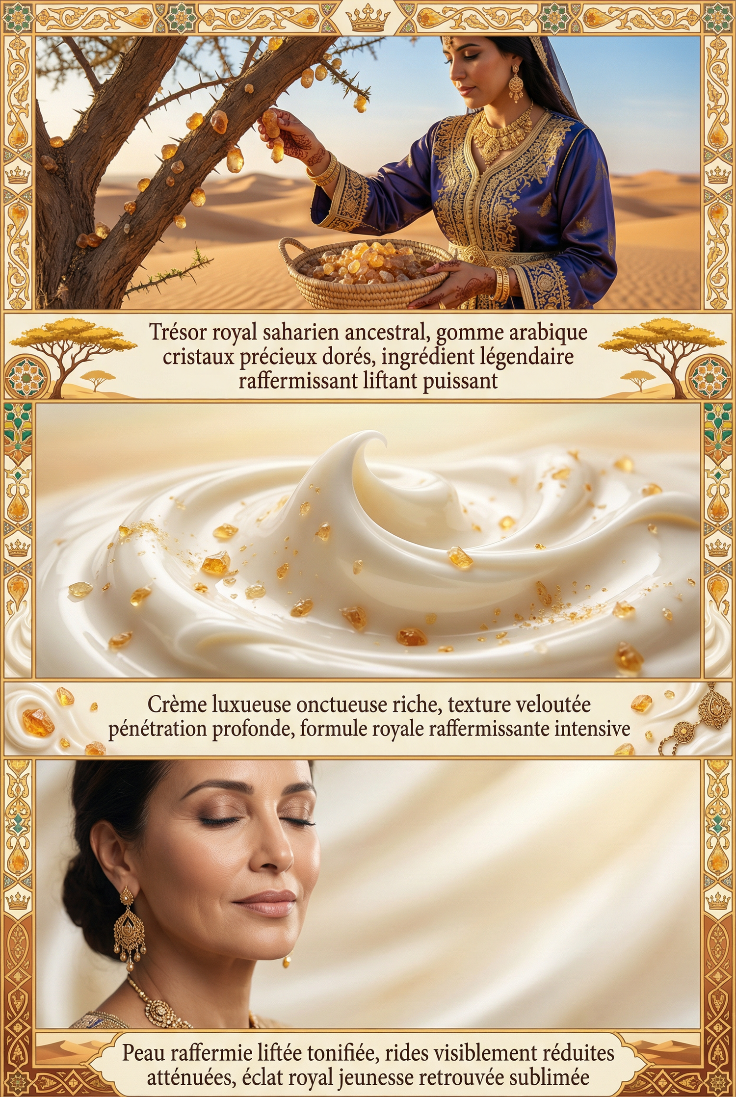 Woman in traditional attire harvesting resin from a desert tree, golden crystals on cream, and serene woman with glowing skin.