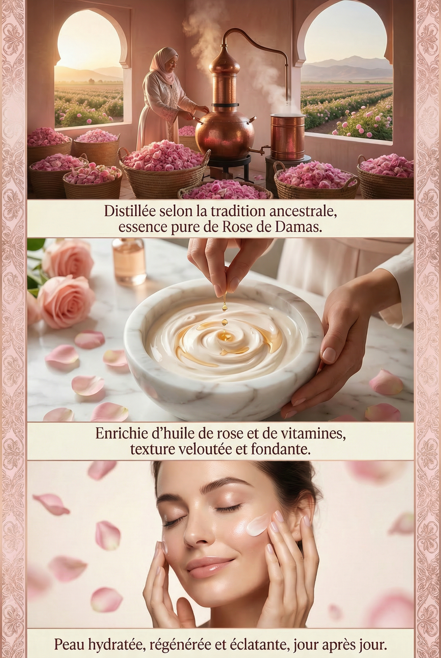 Woman distilling rose essence near baskets of roses, cream with rose oil being prepared, and woman applying cream on her face.