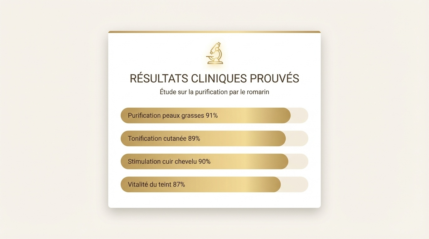 Clinical results infographic showing percentages for skin purification, toning, scalp stimulation, and complexion vitality.