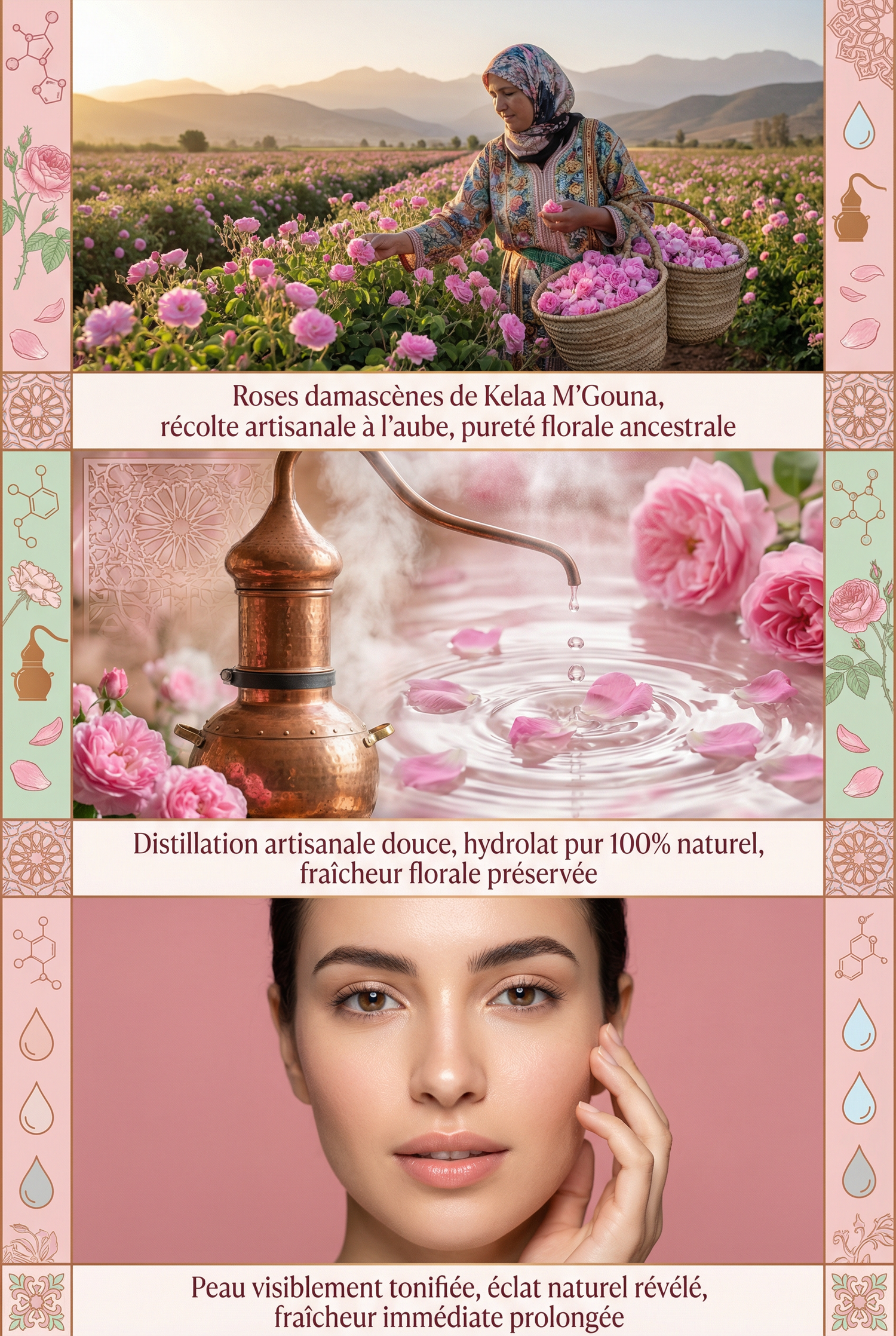 Woman harvesting pink roses in a field at sunrise, copper distillation still with rose petals, and a close-up of a glowing woman’s face.