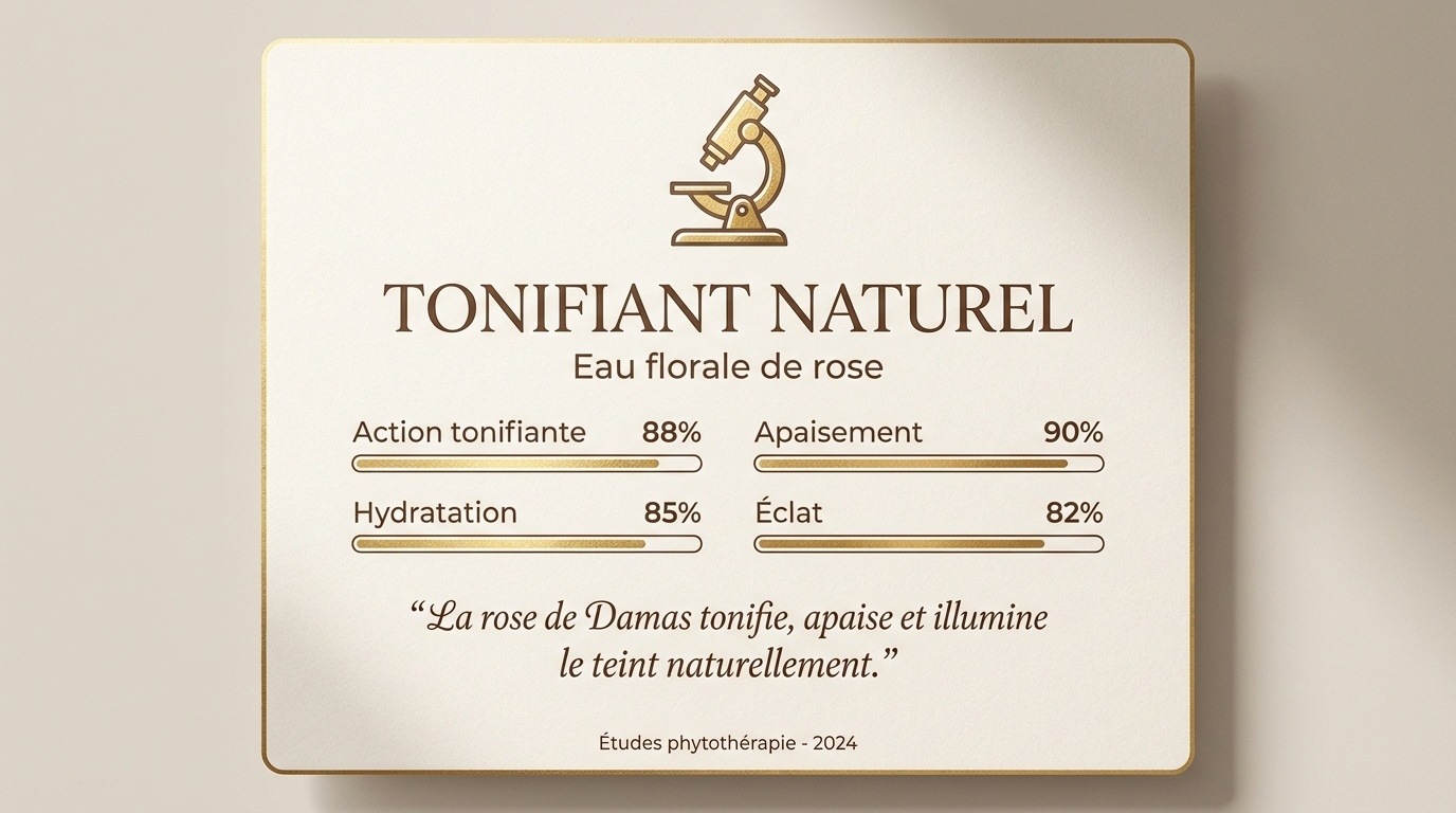 Natural rose floral water benefits showing toning, soothing, hydration, and radiance percentages on a beige background.