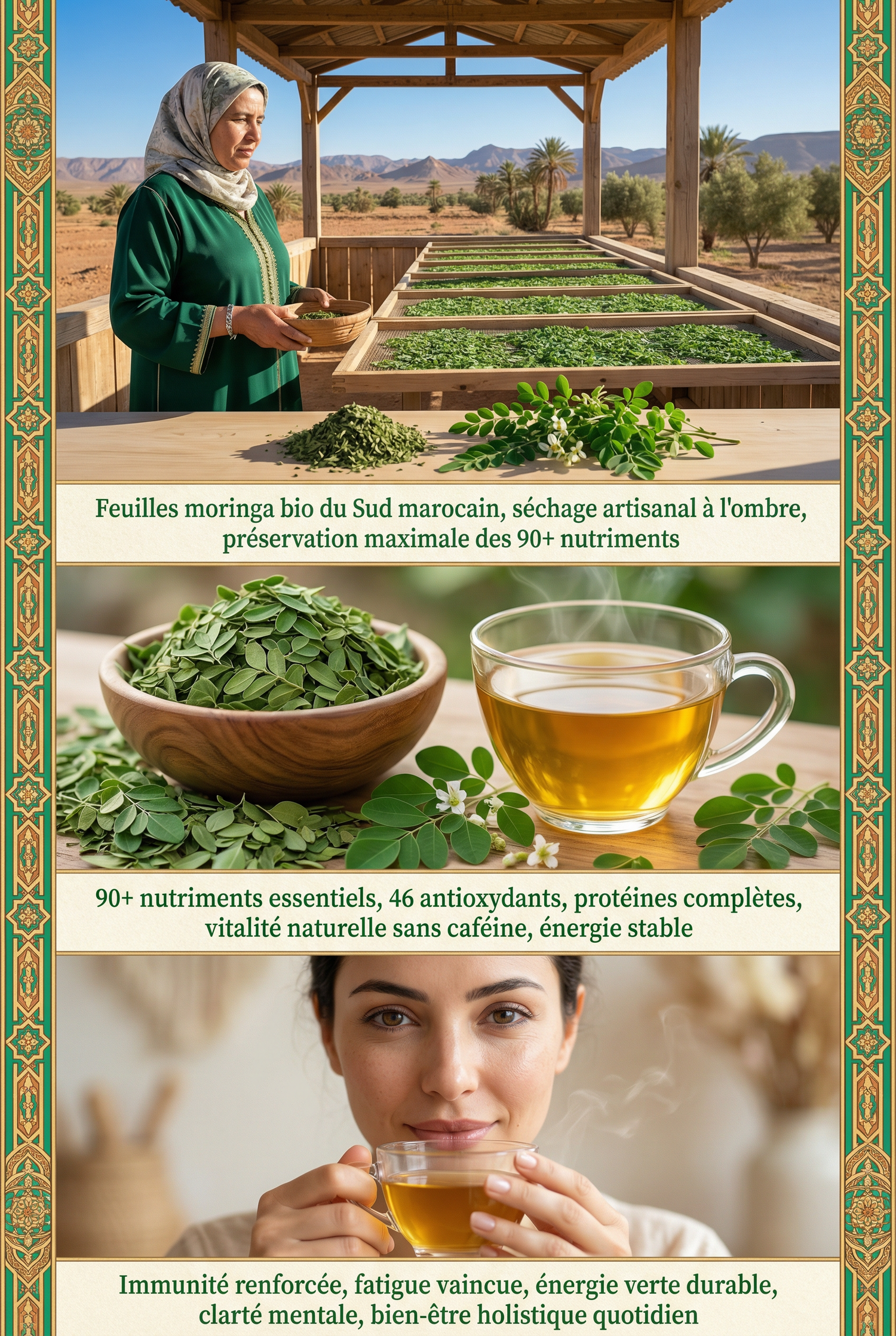 Woman in traditional clothing holding a bowl of moringa leaves next to drying racks under a wooden shelter in a desert landscape