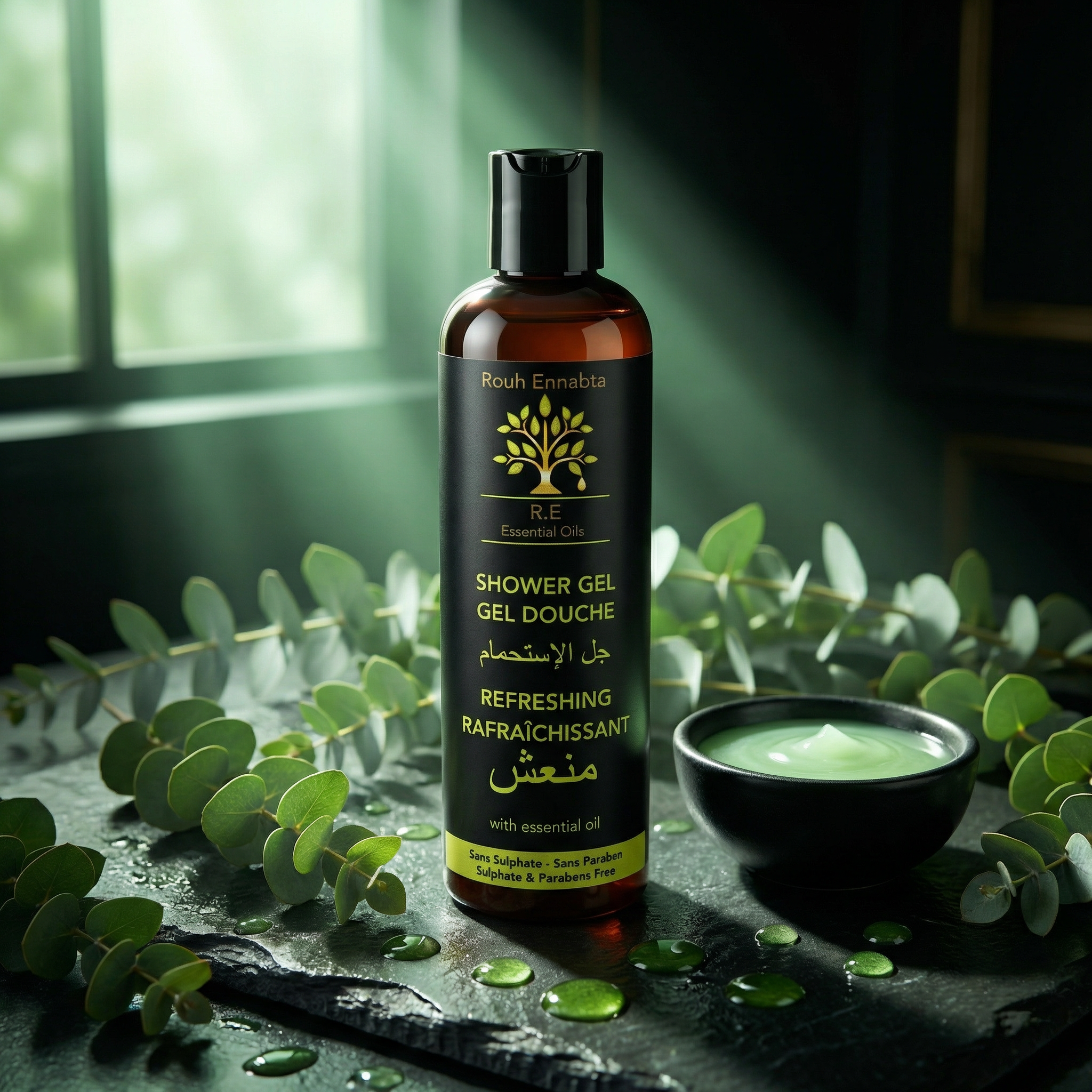 Bottle of Gel Douche aux Huiles Essentielles Rafraîchissant shower gel with eucalyptus leaves and green gel cream in bowl