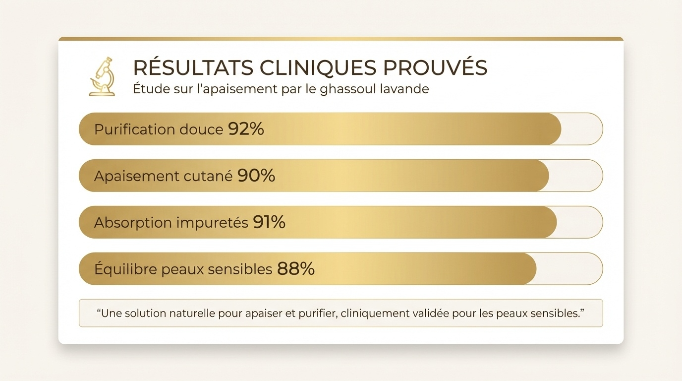 Clinical results bar chart showing ghassoul lavender's effectiveness in skin purification, calming, impurity absorption, and sensitive skin balance.