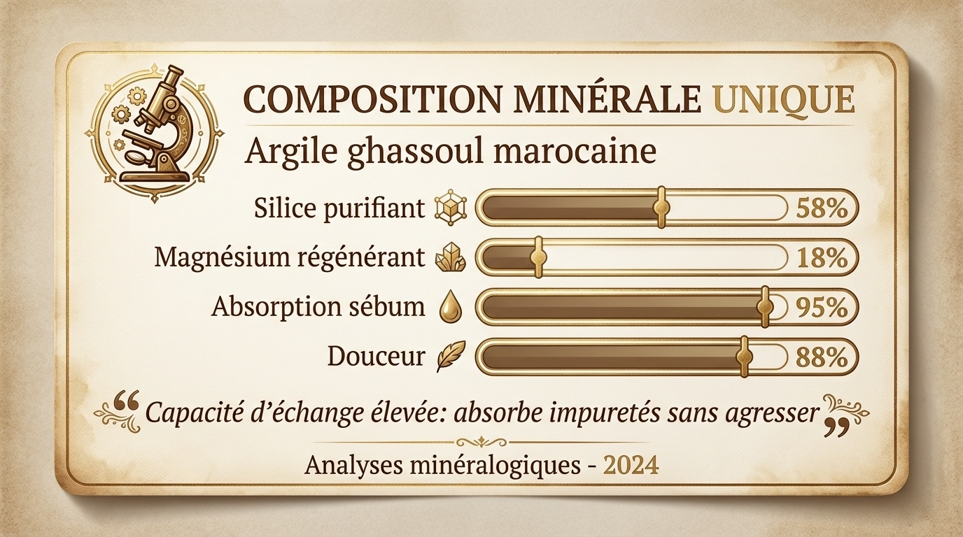 Infographic showing mineral composition and properties of Moroccan Ghassoul clay with purifying, regenerating, sebum absorption, and softness levels.