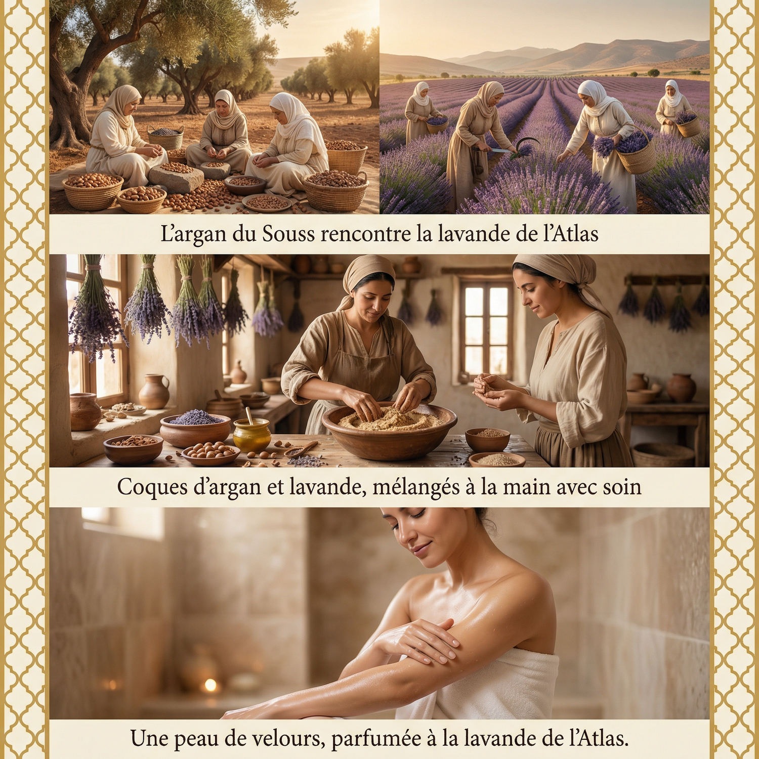 Women harvesting argan nuts and lavender in fields, hand-mixing ingredients, and applying body care in a cozy, warm setting.