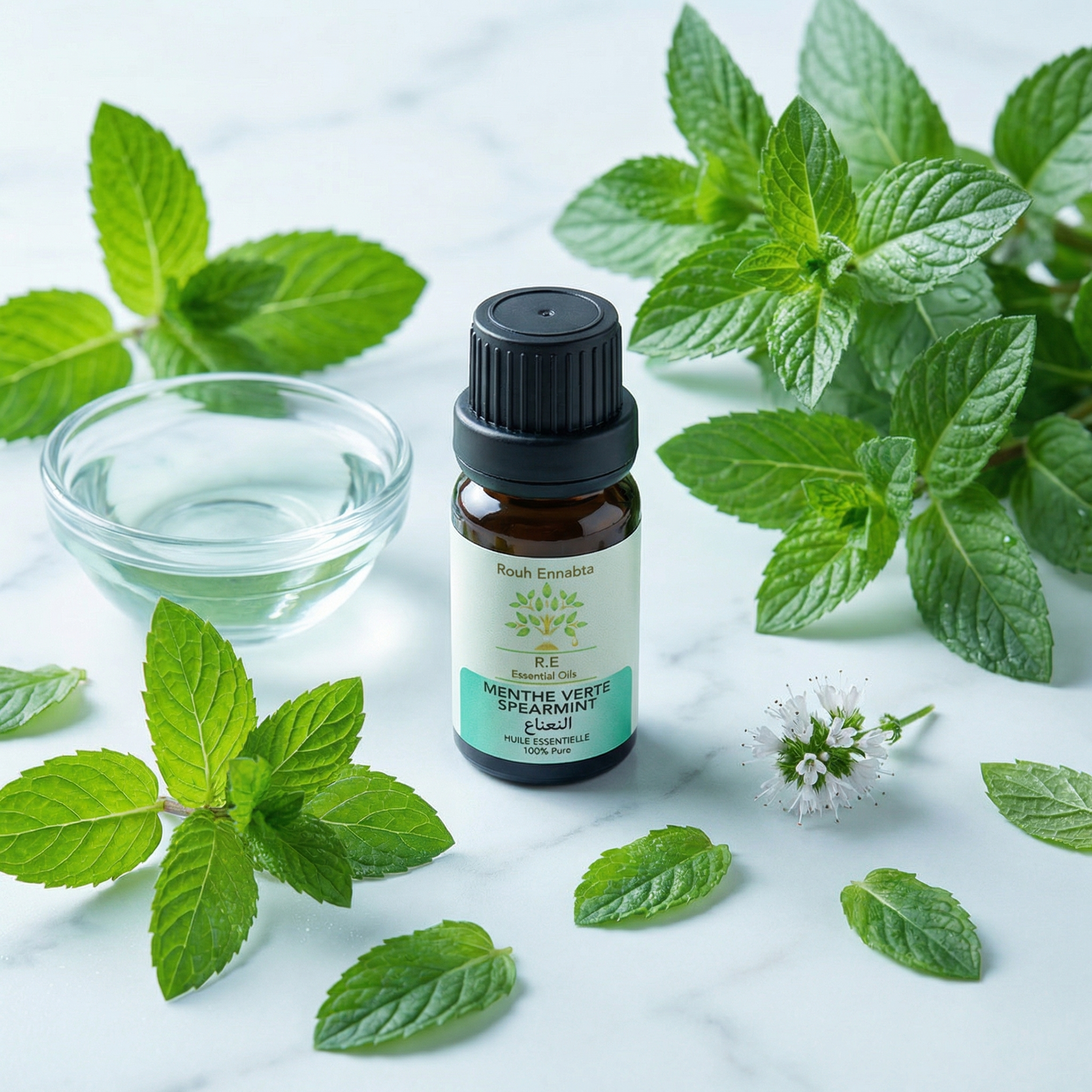 Huile Essentielle de Menthe Verte Bio – Éclat & Fraîcheur Douce with fresh green mint leaves and a small bowl of clear liquid