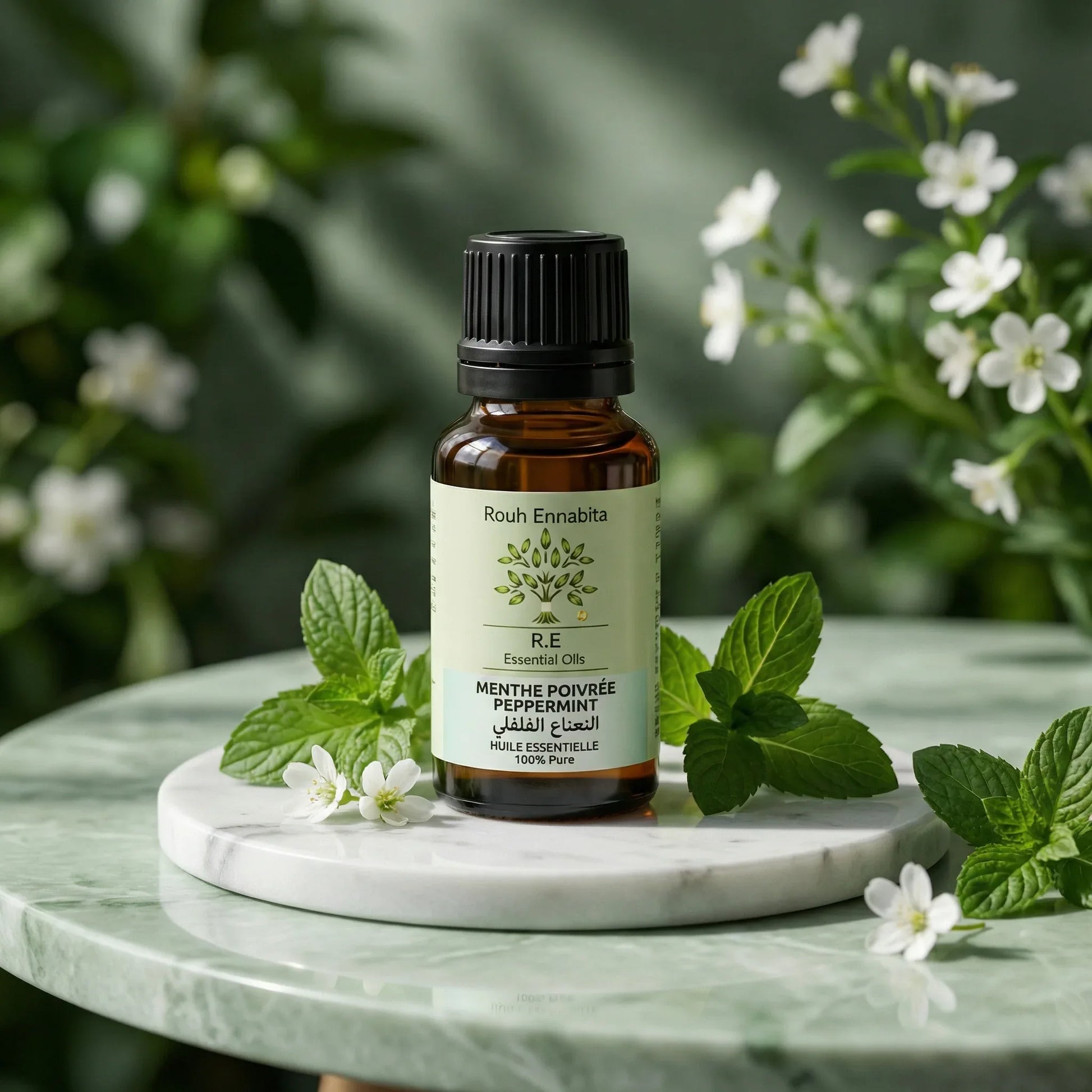 Huile Essentielle de Menthe Poivrée BIO – Fraîcheur & Clarté bottle on marble with fresh peppermint and white flowers