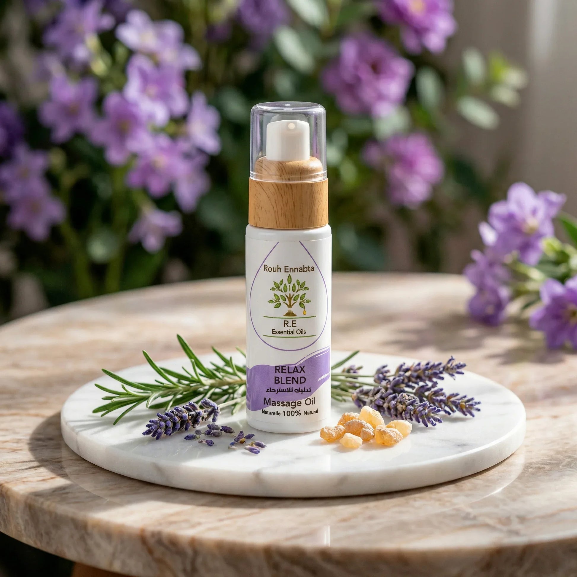 Flacon d'huile de massage Relax Blend bio Jodhur synergie relaxante — anti-stress et sommeil Maroc