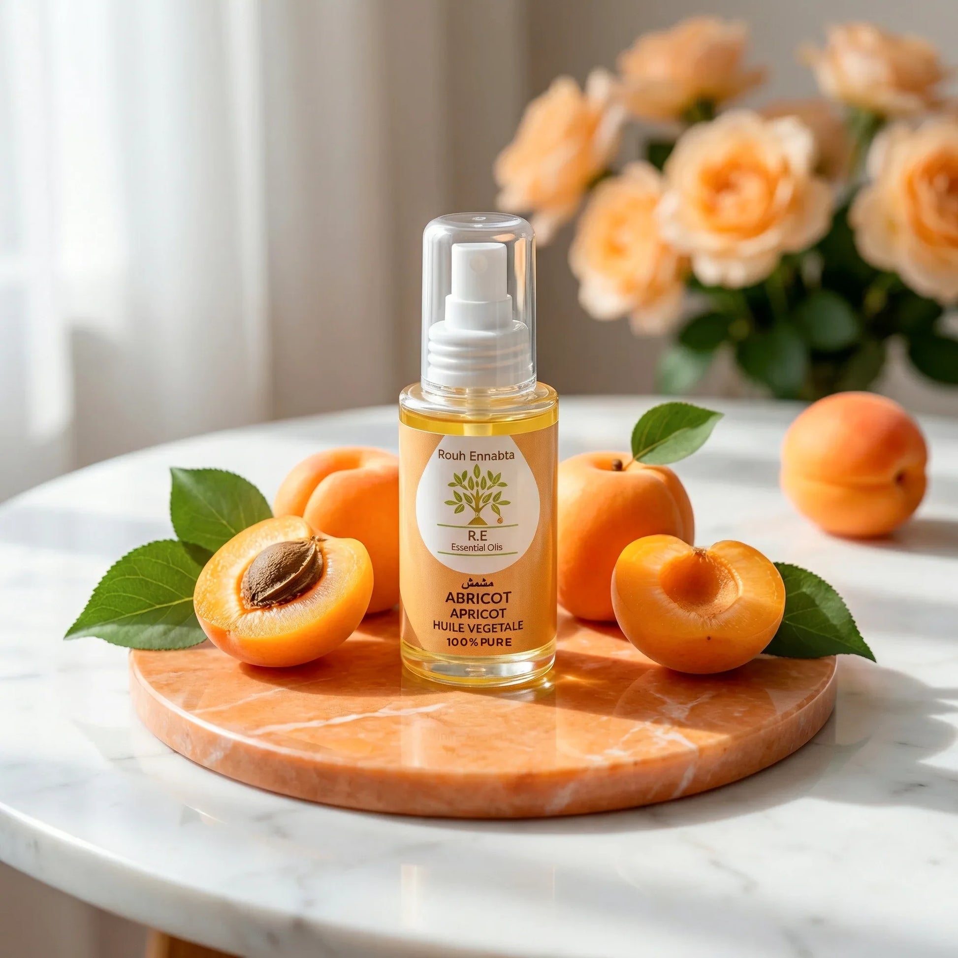 Huile Noyau d'Abricot BIO – Éclat Bonne Mine apricot kernel oil bottle with fresh apricots on marble surface