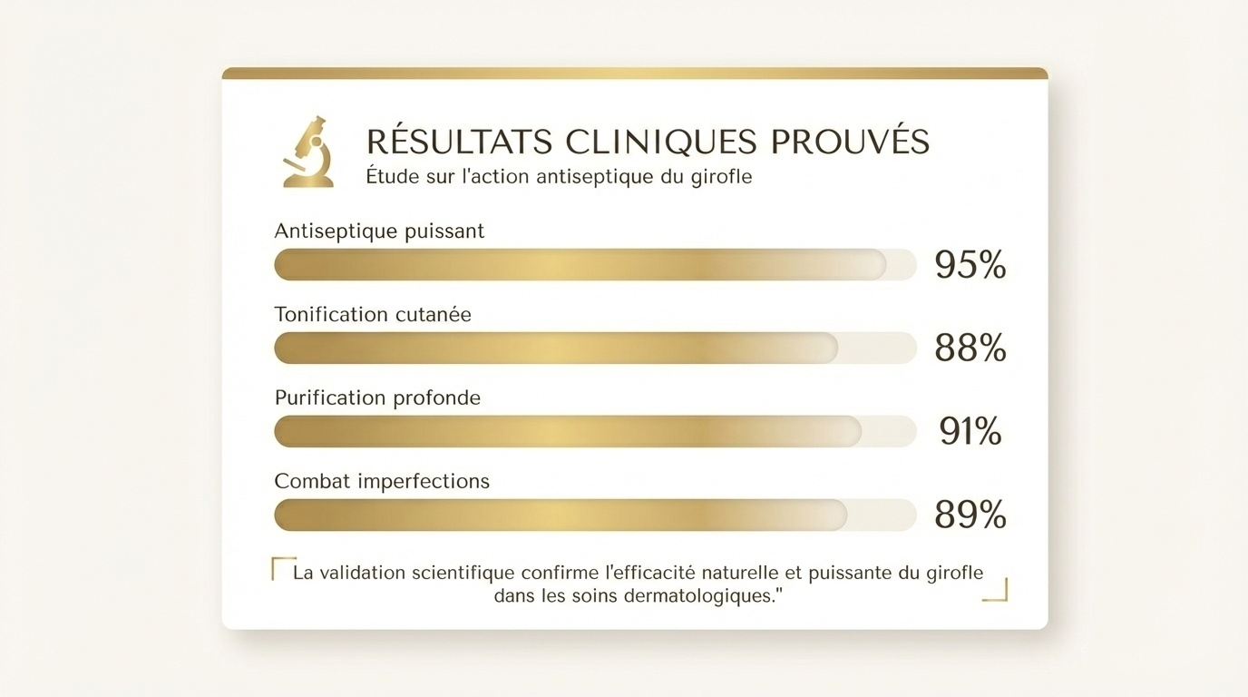 Clinical results chart showing proven antiseptic, skin toning, deep purification, and imperfection-fighting effects of clove oil.