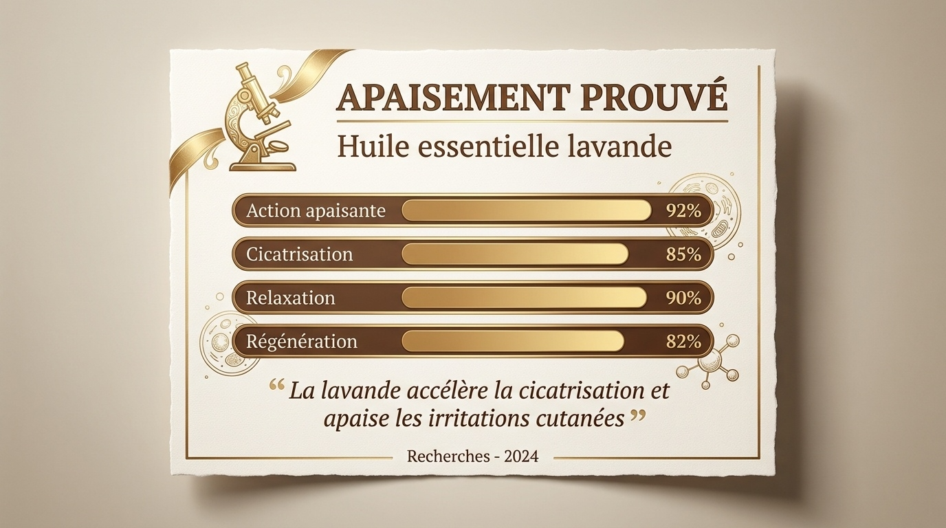 Infographic showing proven soothing benefits of lavender essential oil with percentages for calming, healing, relaxation, and regeneration.