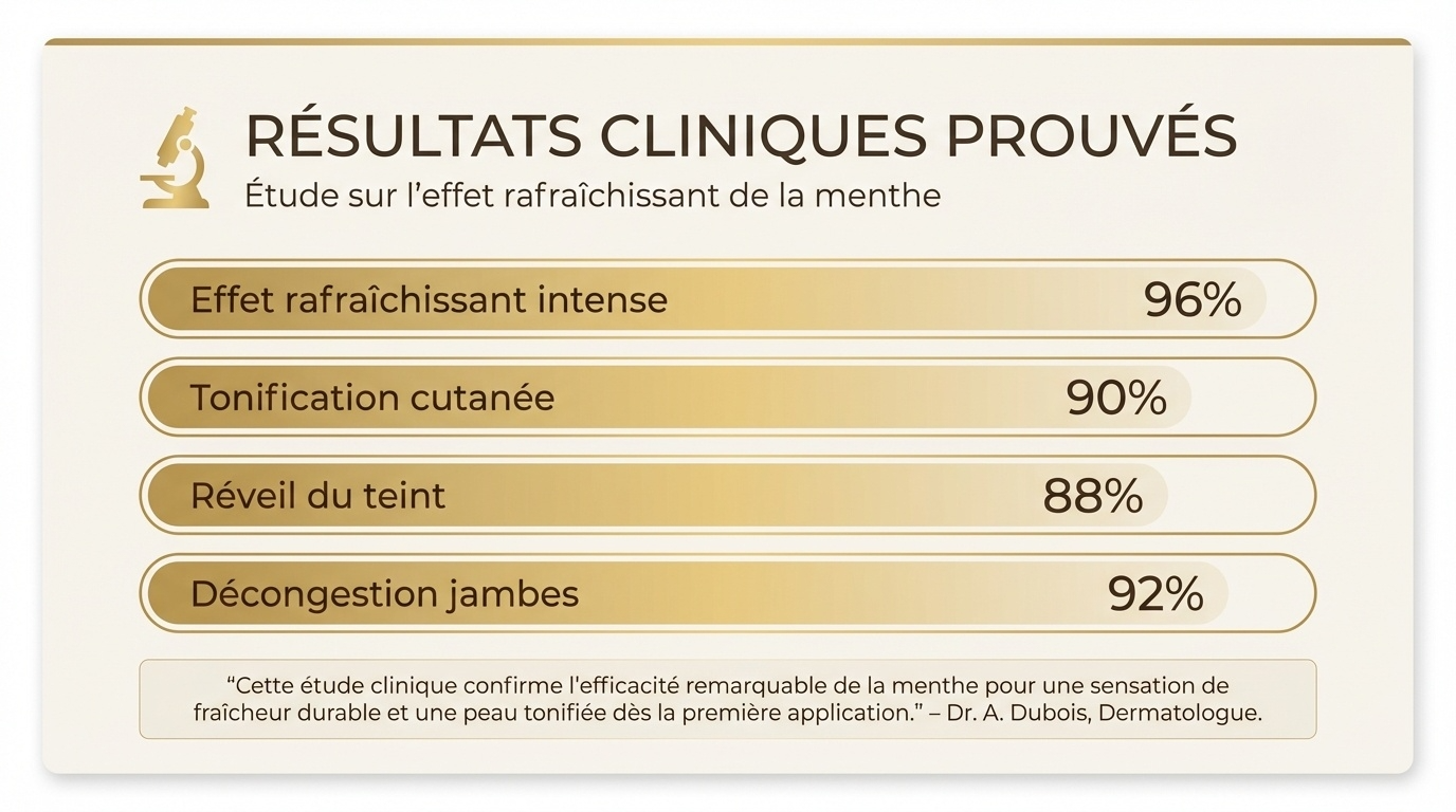 Clinical results showing high percentages for intense refreshing effect, skin toning, complexion awakening, and leg decongestion.