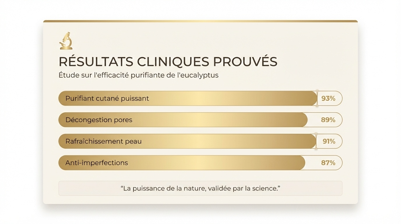 Clinical results in French showing eucalyptus benefits with four gold progress bars for skin purification, pore decongestion, skin refreshment, and anti-imperfections.