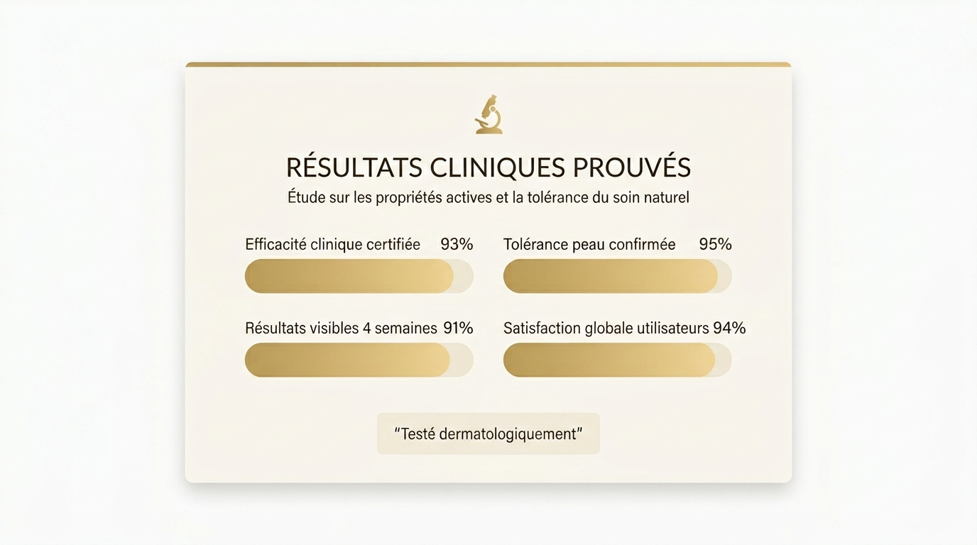 Clinical study results showing certified efficacy 93%, skin tolerance 95%, visible results at 4 weeks 91%, user satisfaction 94%.
