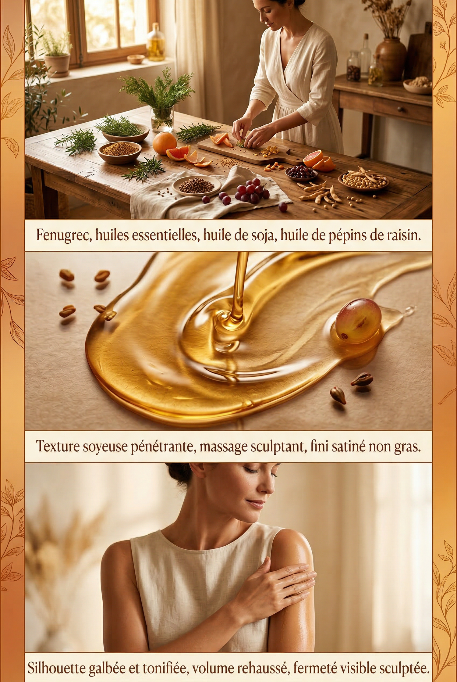 Woman preparing natural ingredients on a wooden table, close-up of golden oil pouring, and woman applying oil on shoulder.