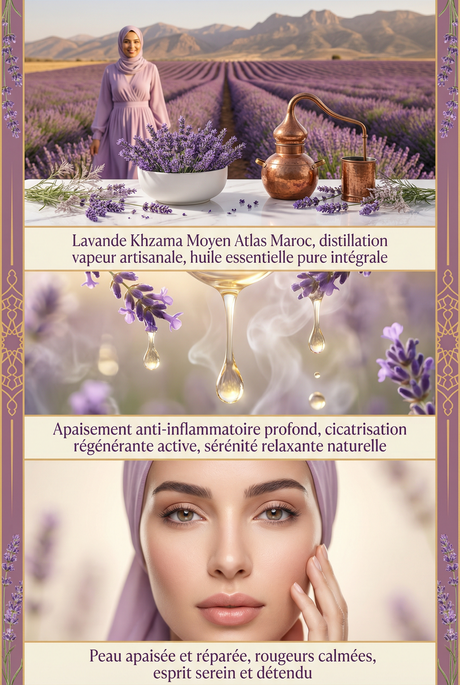 Woman in lavender dress stands in front of a lavender field with distillation equipment and lavender sprigs on a table.