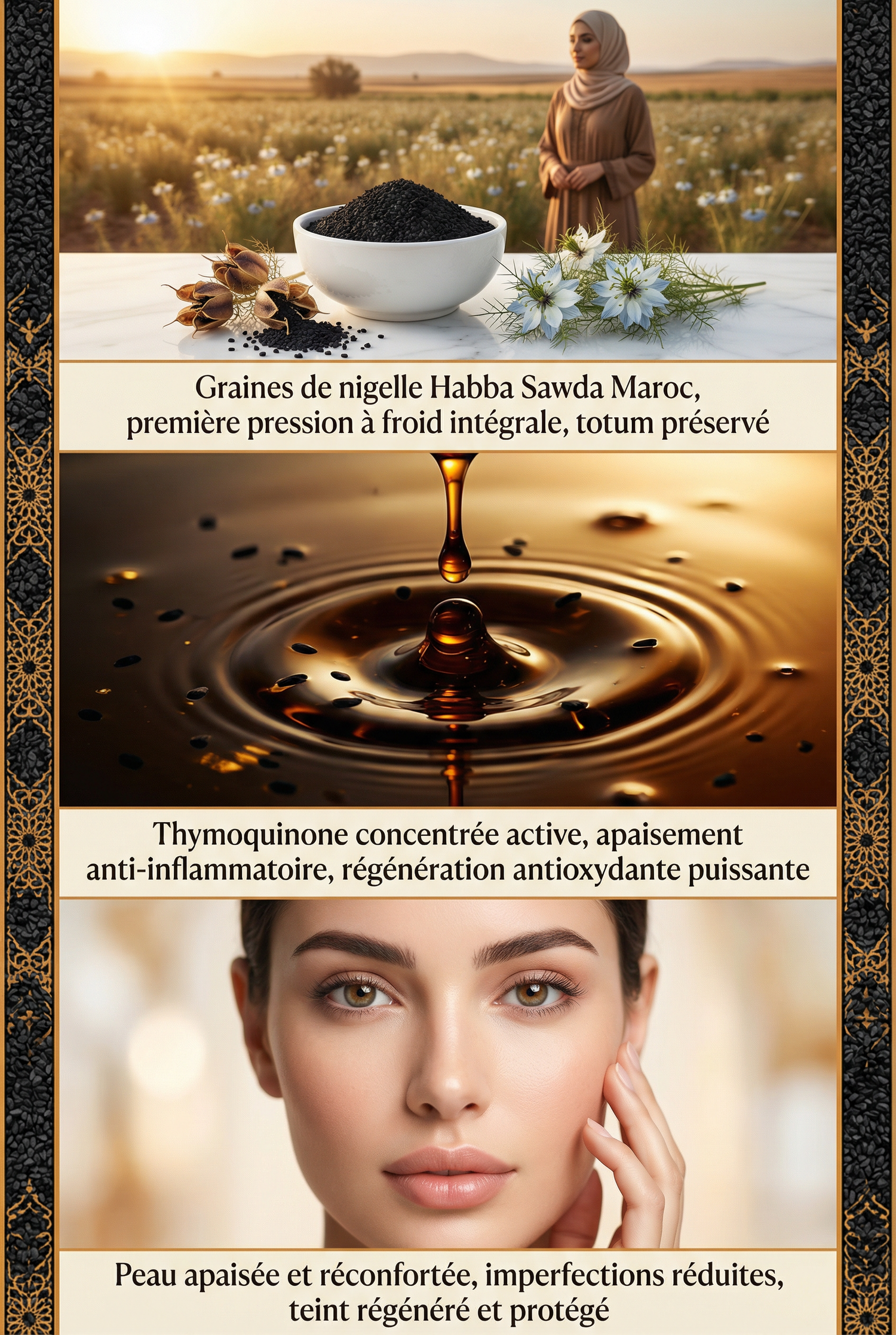 Close-up of nigella seeds and flowers, oil droplet creating ripples, and a woman's clear, glowing face.