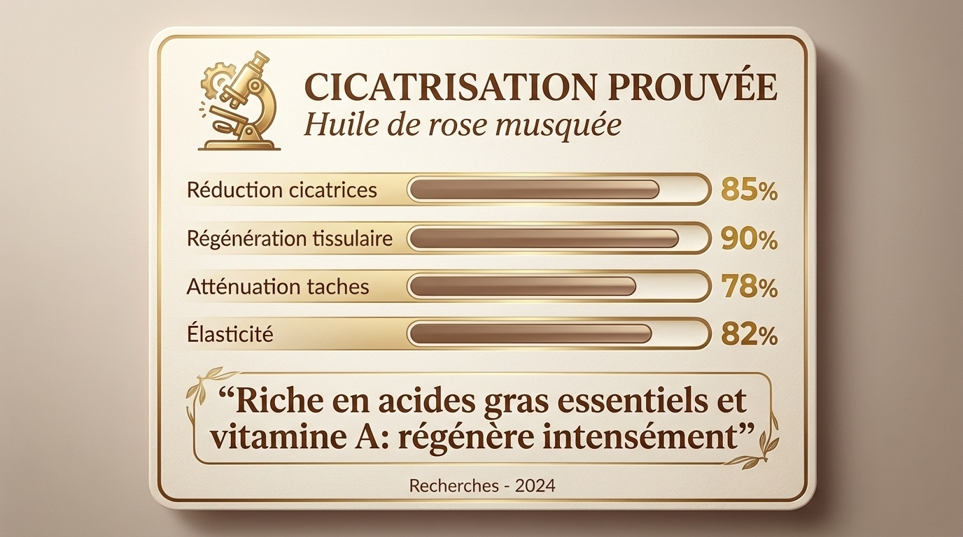 Infographic showing proven skin healing benefits of rosehip oil with percentages for scar reduction, tissue regeneration, spot fading, and elasticity.