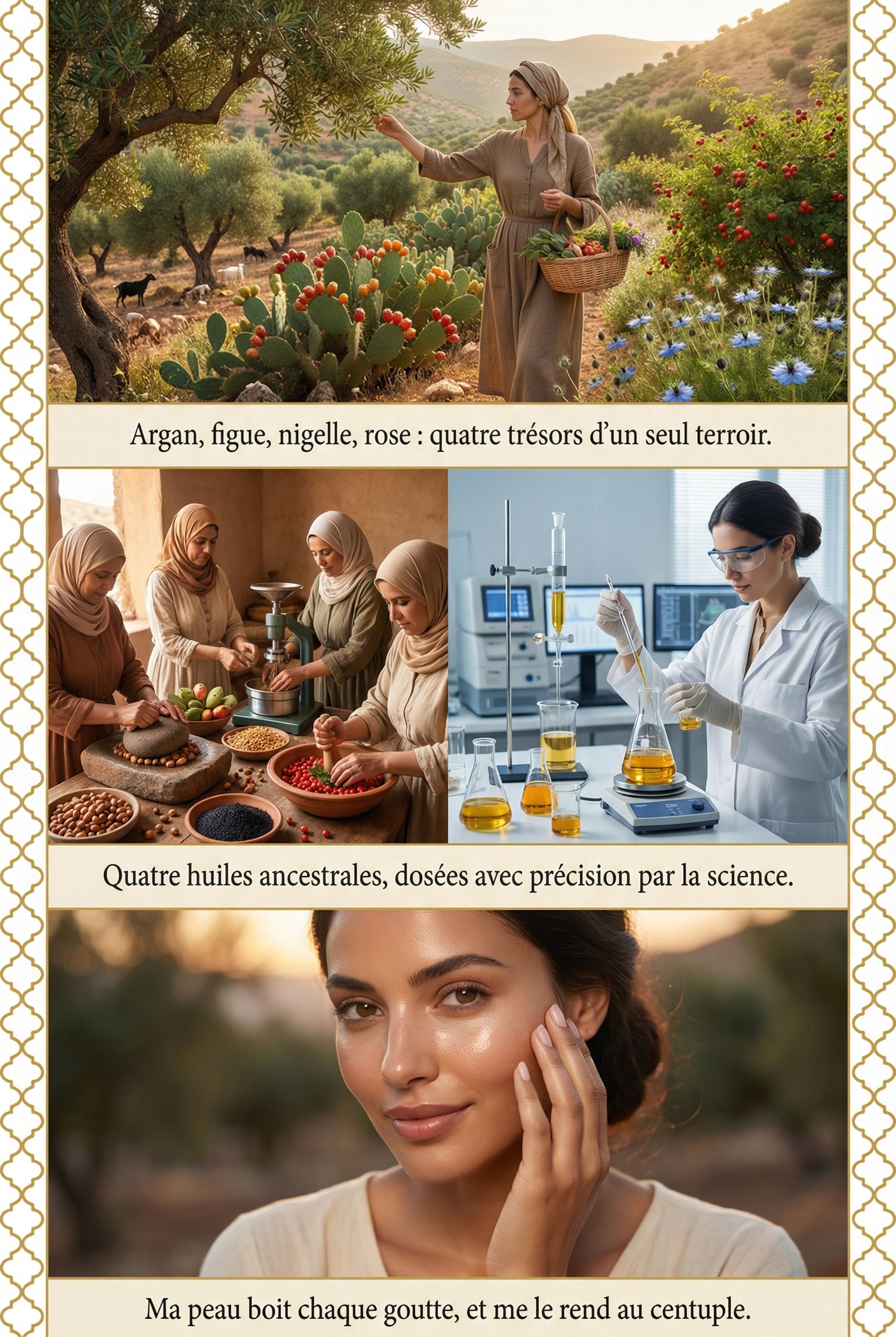 Woman harvesting fruit in an orchard, traditional oil preparation, scientist testing oils, and woman applying skincare oil.