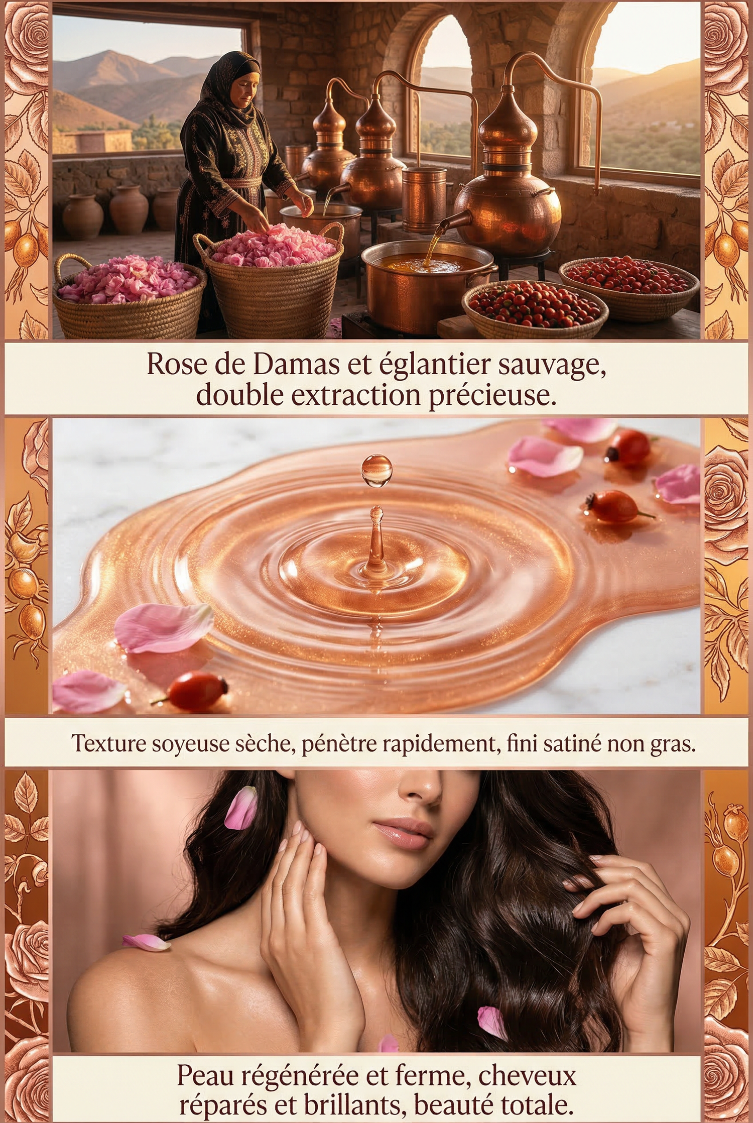 Woman harvesting roses next to copper distillation equipment, rose petals and oil drop with ripples, and woman touching her smooth skin and hair