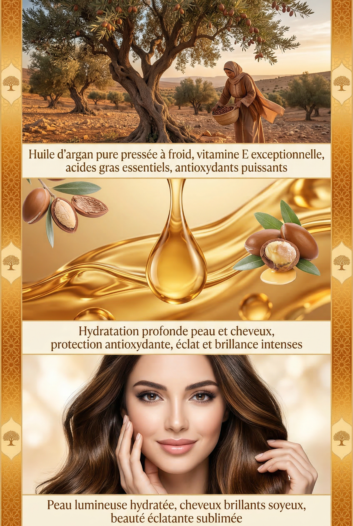 Woman harvesting argan nuts under trees, close-up of argan oil with nuts, and portrait of a woman with shiny hair and clear skin
