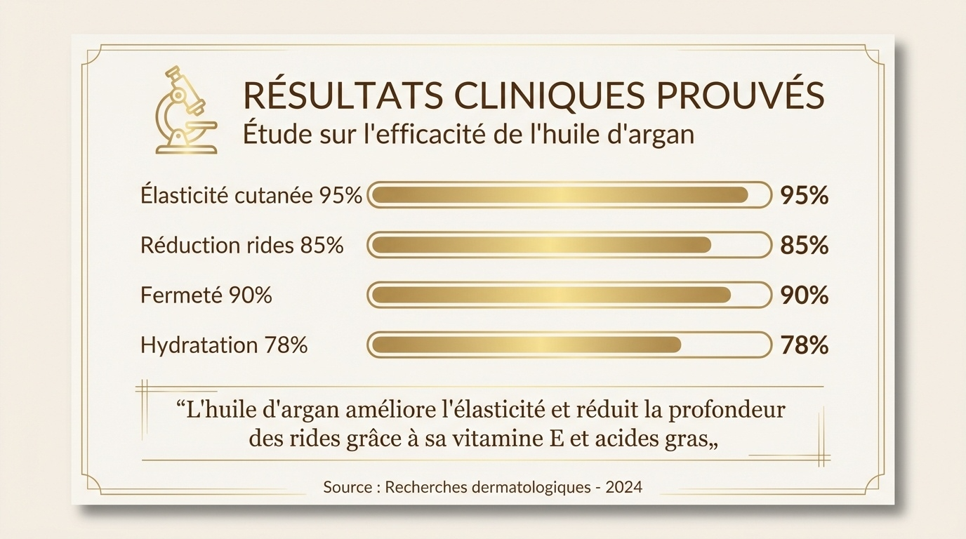 Graphique présentant des résultats cliniques de l'huile d'argan JODHUR : élasticité, fermeté, hydratation et réduction des rides.