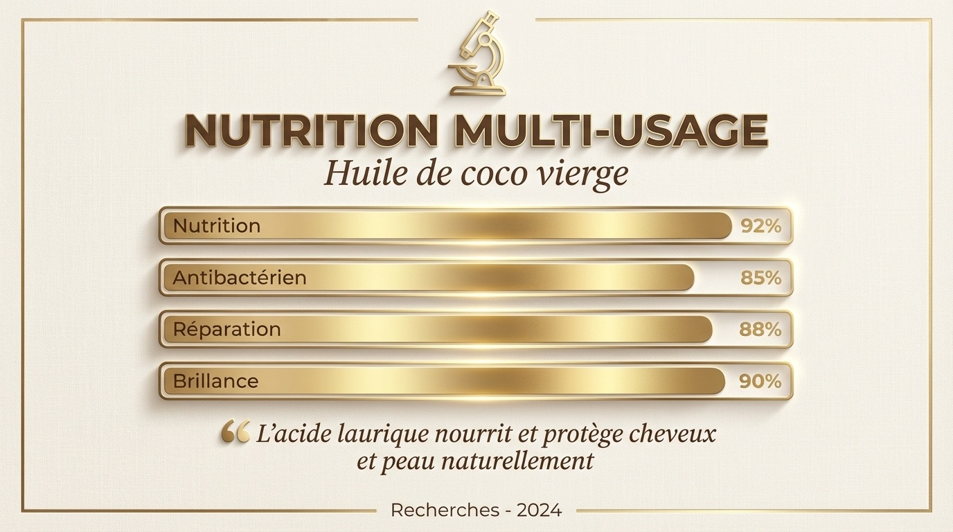 Gold-themed infographic showing multi-use benefits of virgin coconut oil with nutrition, antibacterial, repair, and shine ratings.