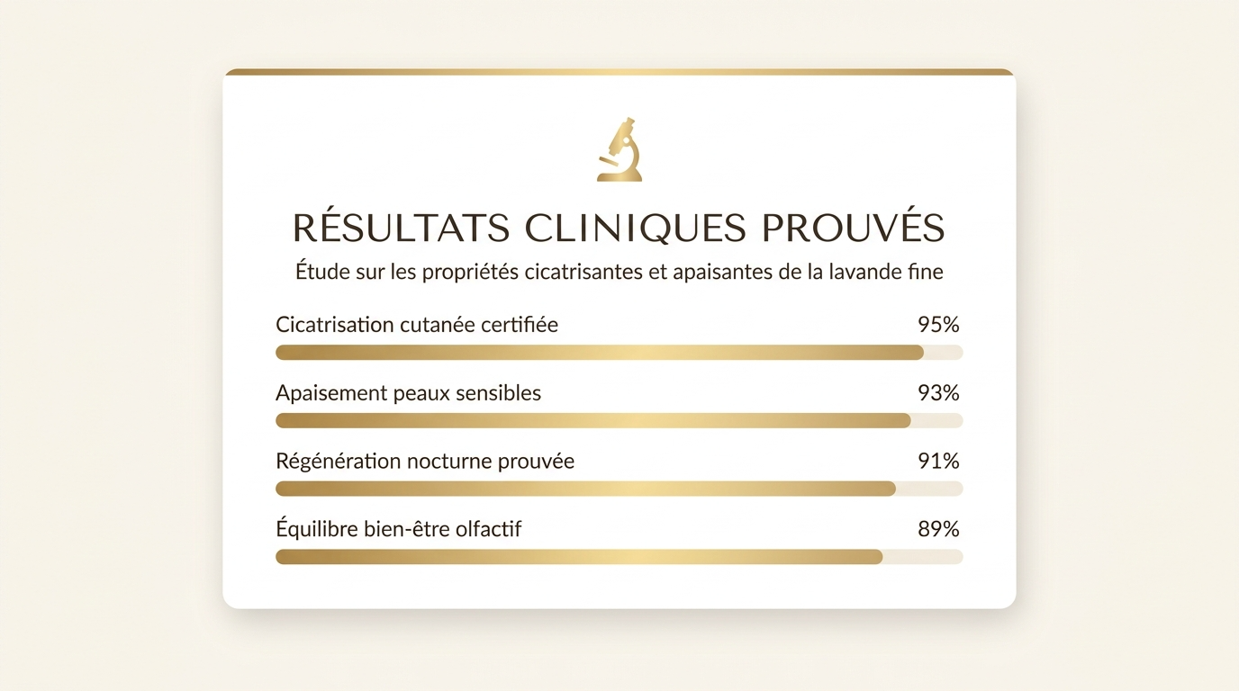 Clinical study results showing percentage effectiveness for skin healing, soothing sensitive skin, night regeneration, and olfactory well-being.