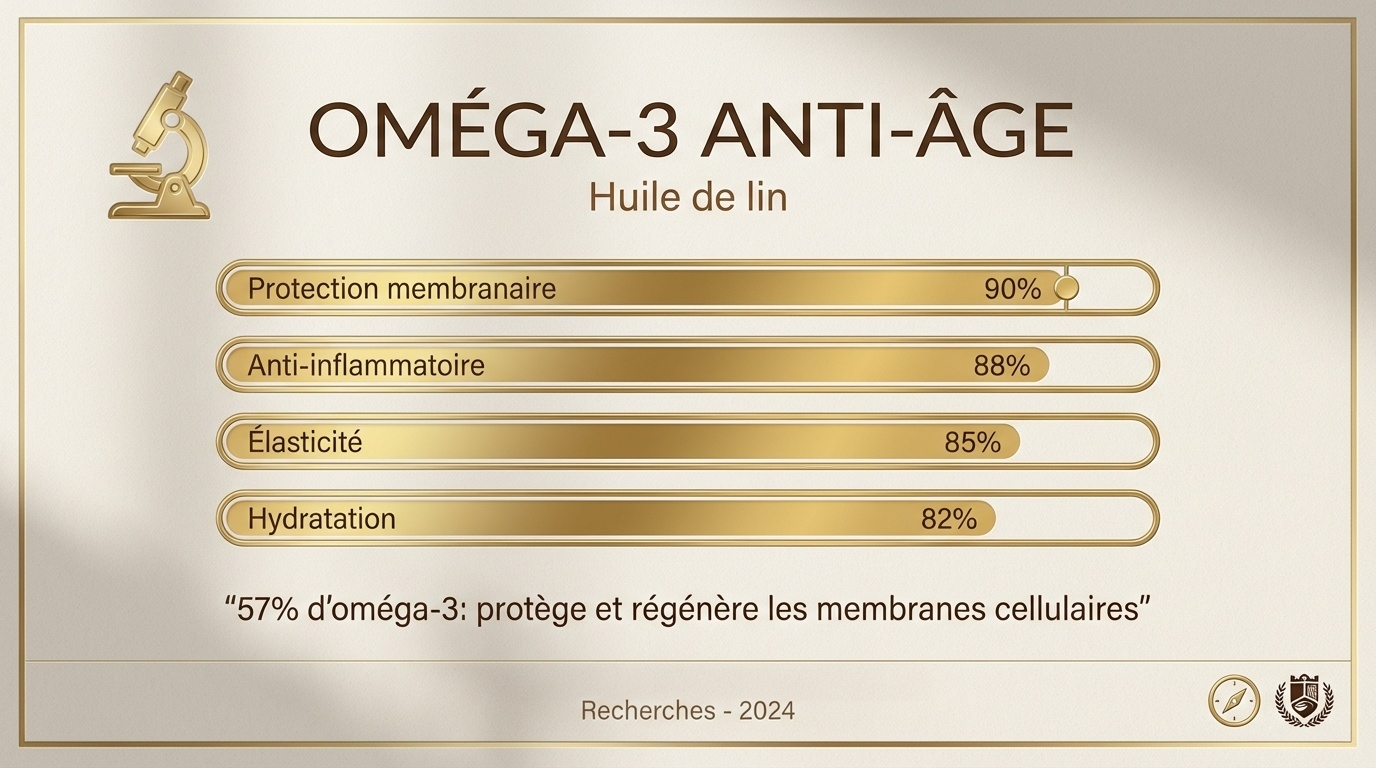 Infographic showing omega-3 benefits of linseed oil for membrane protection, anti-inflammatory, elasticity, and hydration percentages.