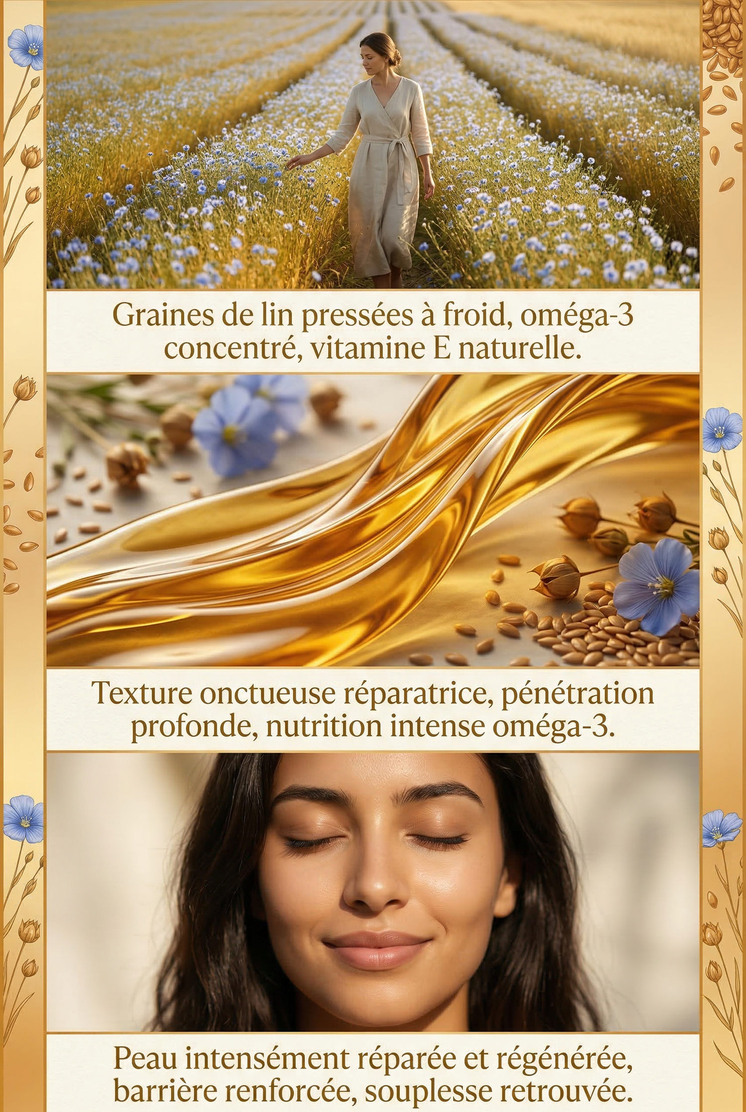 Woman walking through a field of flax flowers, golden oil texture, and a smiling woman with glowing skin.