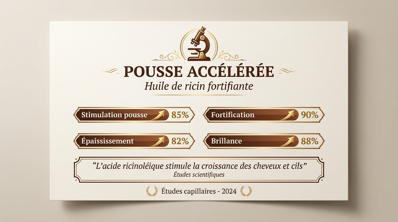 Infographie JODHUR montrant les bienfaits de l’huile de ricin bio pour la pousse, fortification et brillance des cheveux.