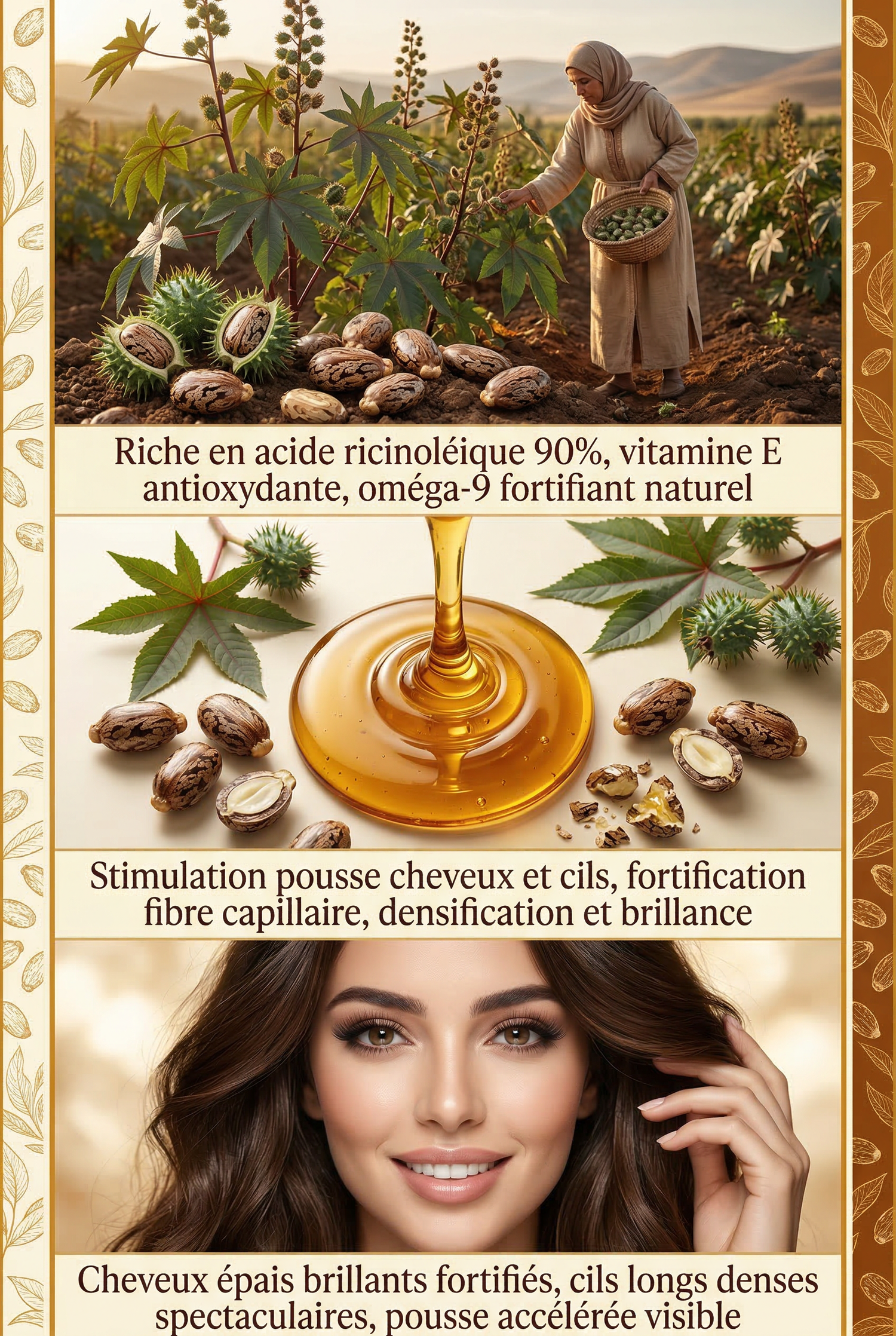 Woman harvesting castor plant seeds in field, close-up of castor oil with seeds and leaves, smiling woman with thick hair and long lashes