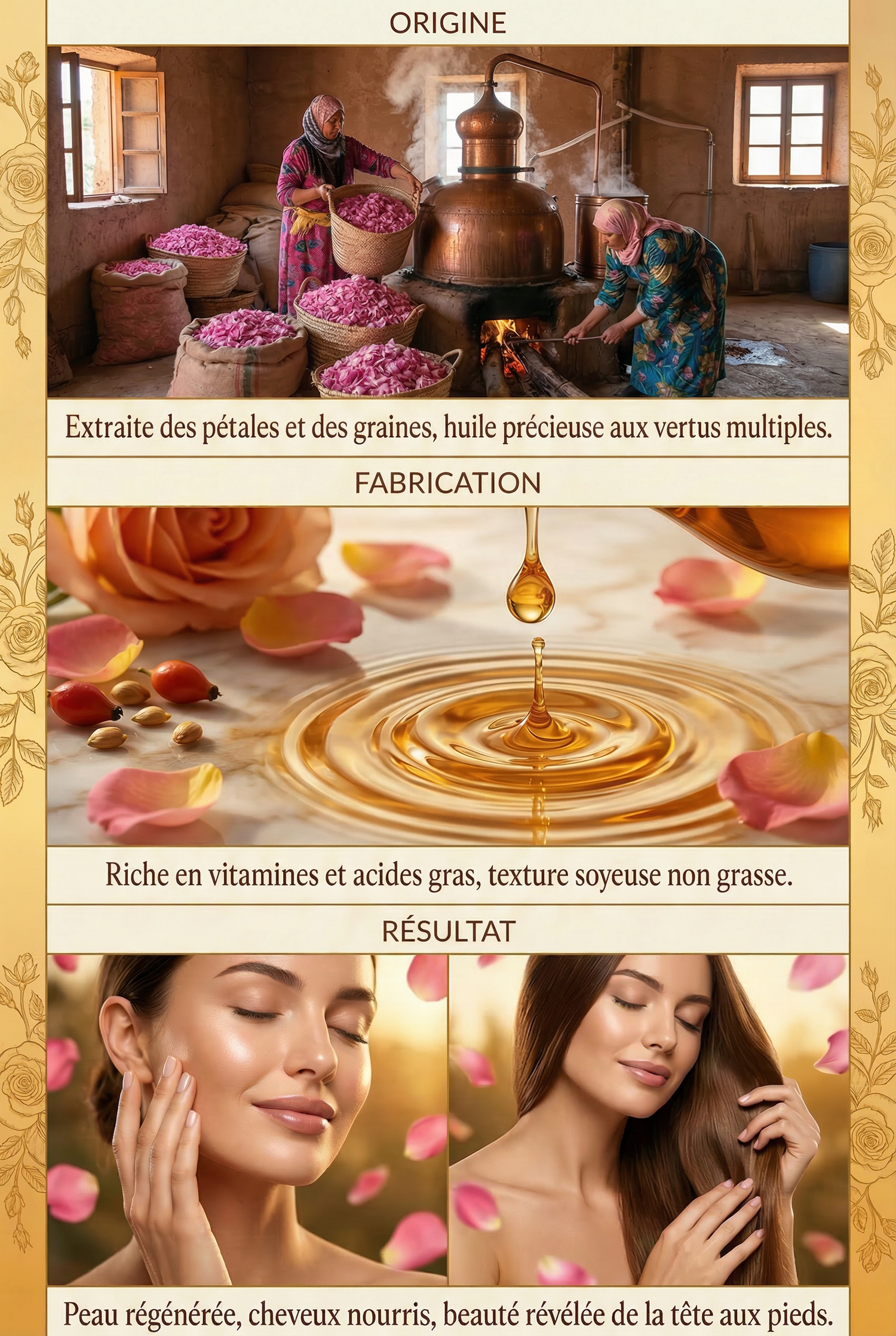 Women processing rose petals in a distillery, rose oil dripping with petals, and a woman showing glowing skin and hair results.