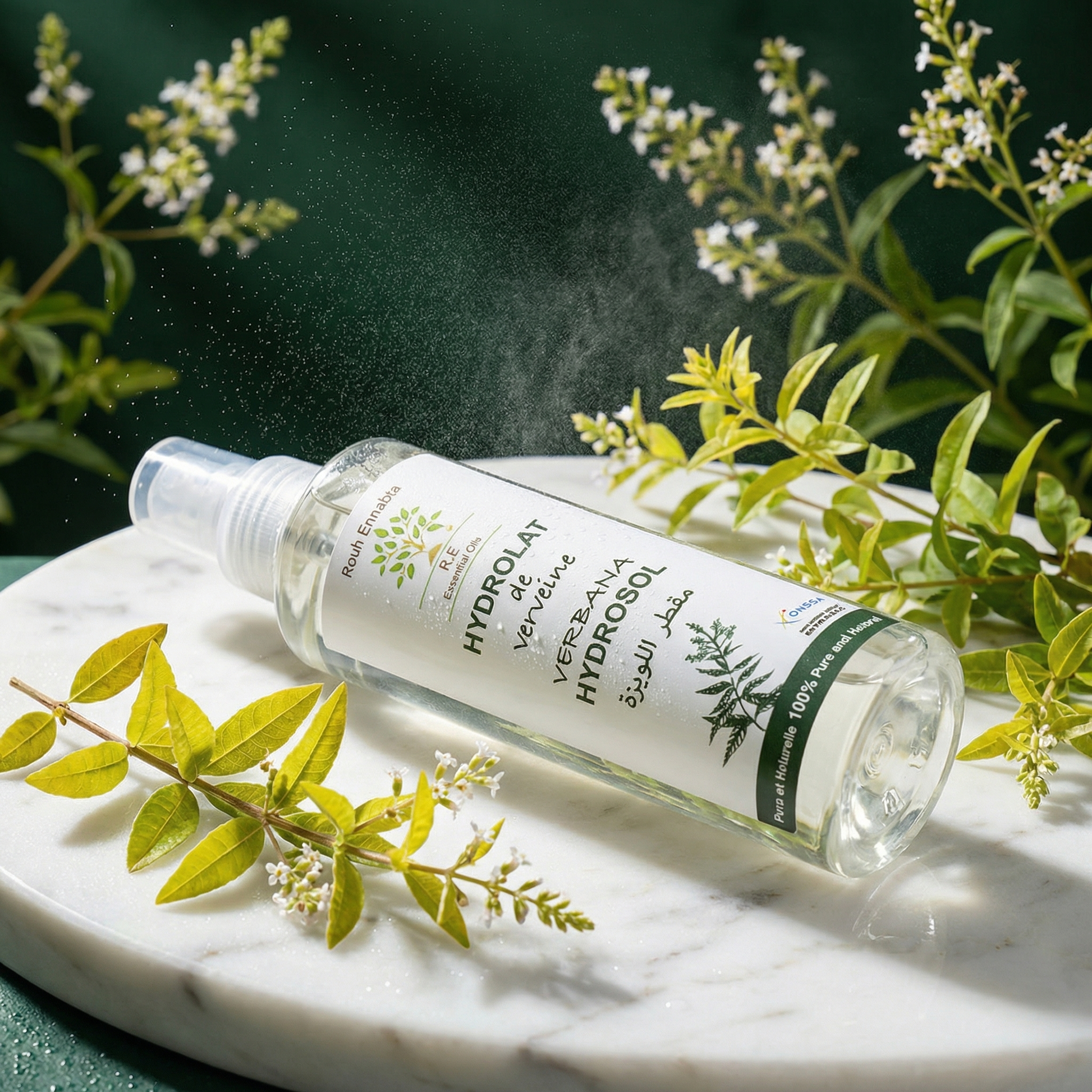 Eau Florale de Verveine Bio – Éclat & Pores Resserrés facial mist spray with fresh verbena leaves on marble surface