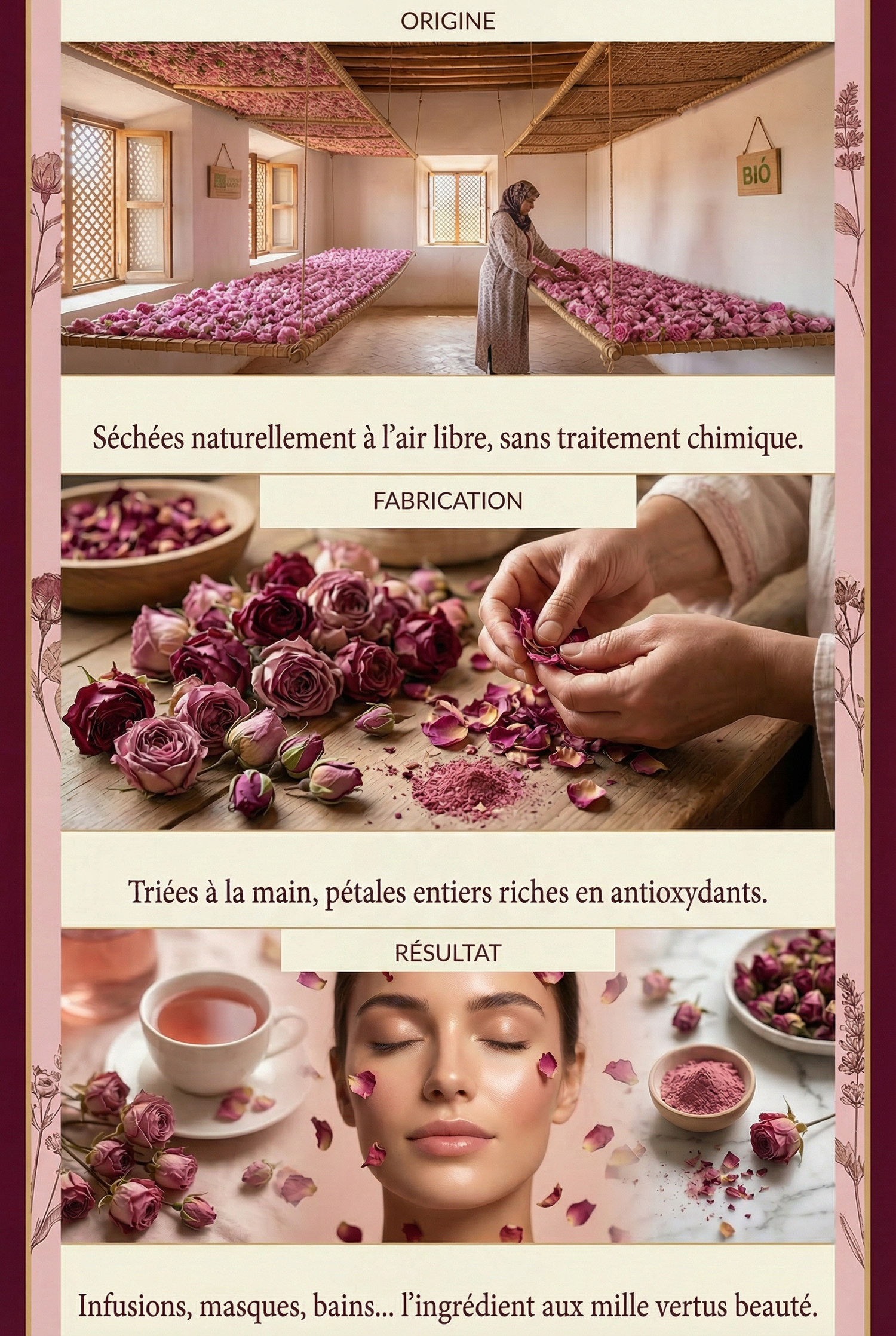 A woman drying rose petals on racks, hand sorting roses, and a serene woman with rose petals on her face surrounded by rose products.
