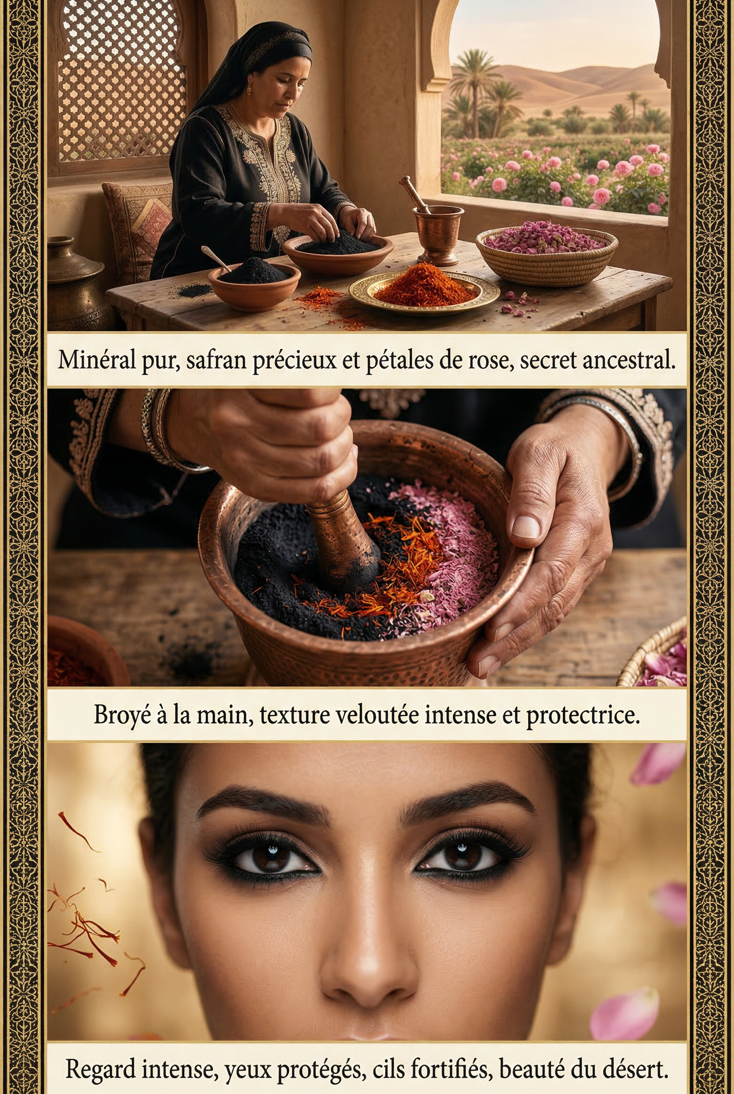 Woman grinding saffron and rose petals by hand with a desert landscape and close-up of intense eye makeup.