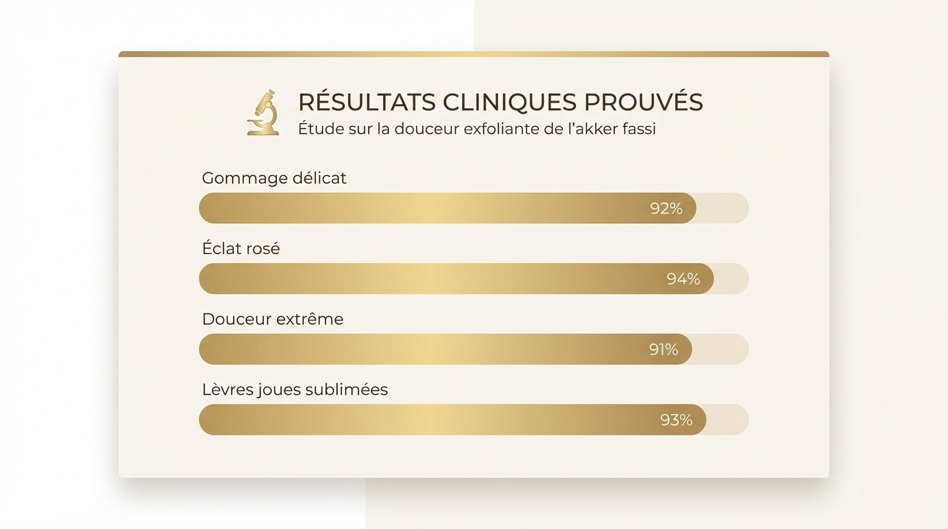 Clinical results chart showing high percentages for delicate exfoliation, rosy glow, extreme softness, and enhanced lips and cheeks.