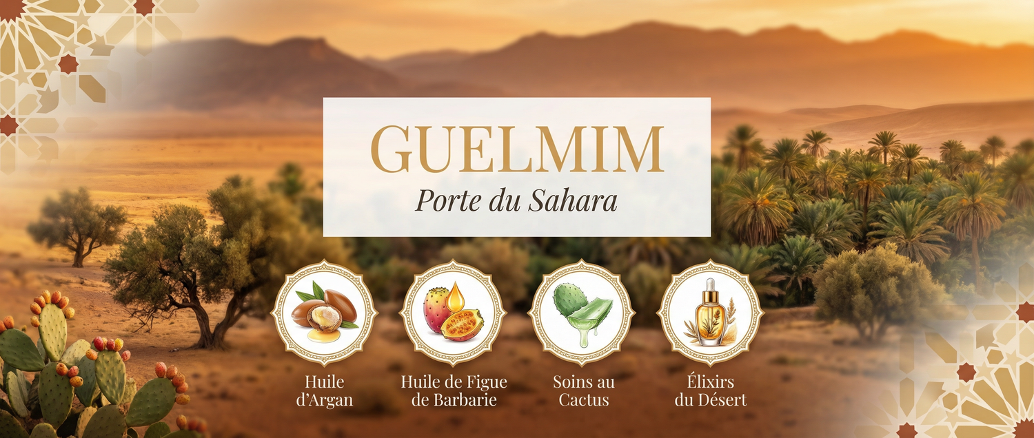 Desert landscape with palm trees and mountains at sunset, featuring icons for argan oil, prickly pear, cactus care, and desert elixirs.