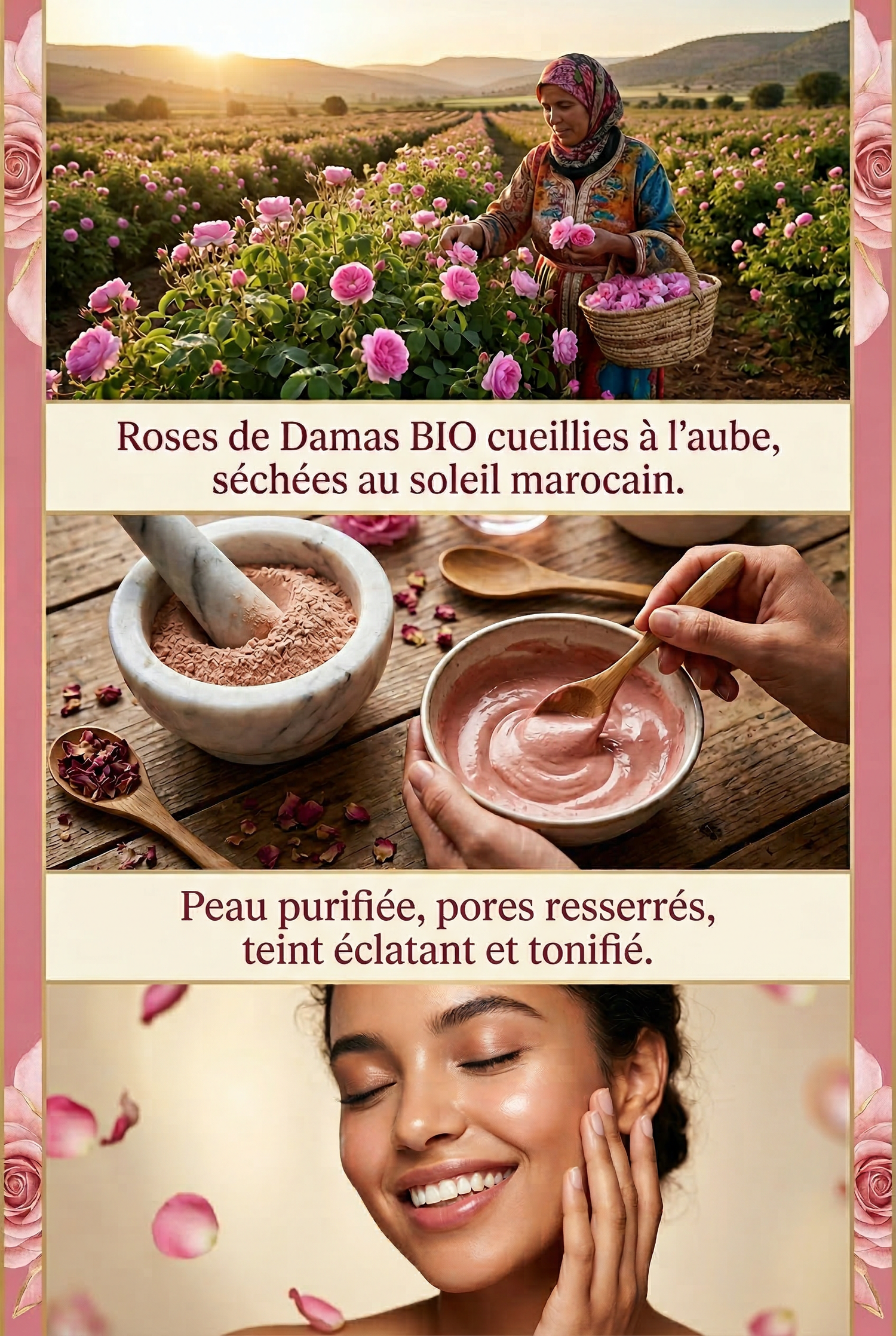 Woman picking pink roses in a field, rose powder in a bowl with wooden spoon, and smiling woman touching her glowing skin