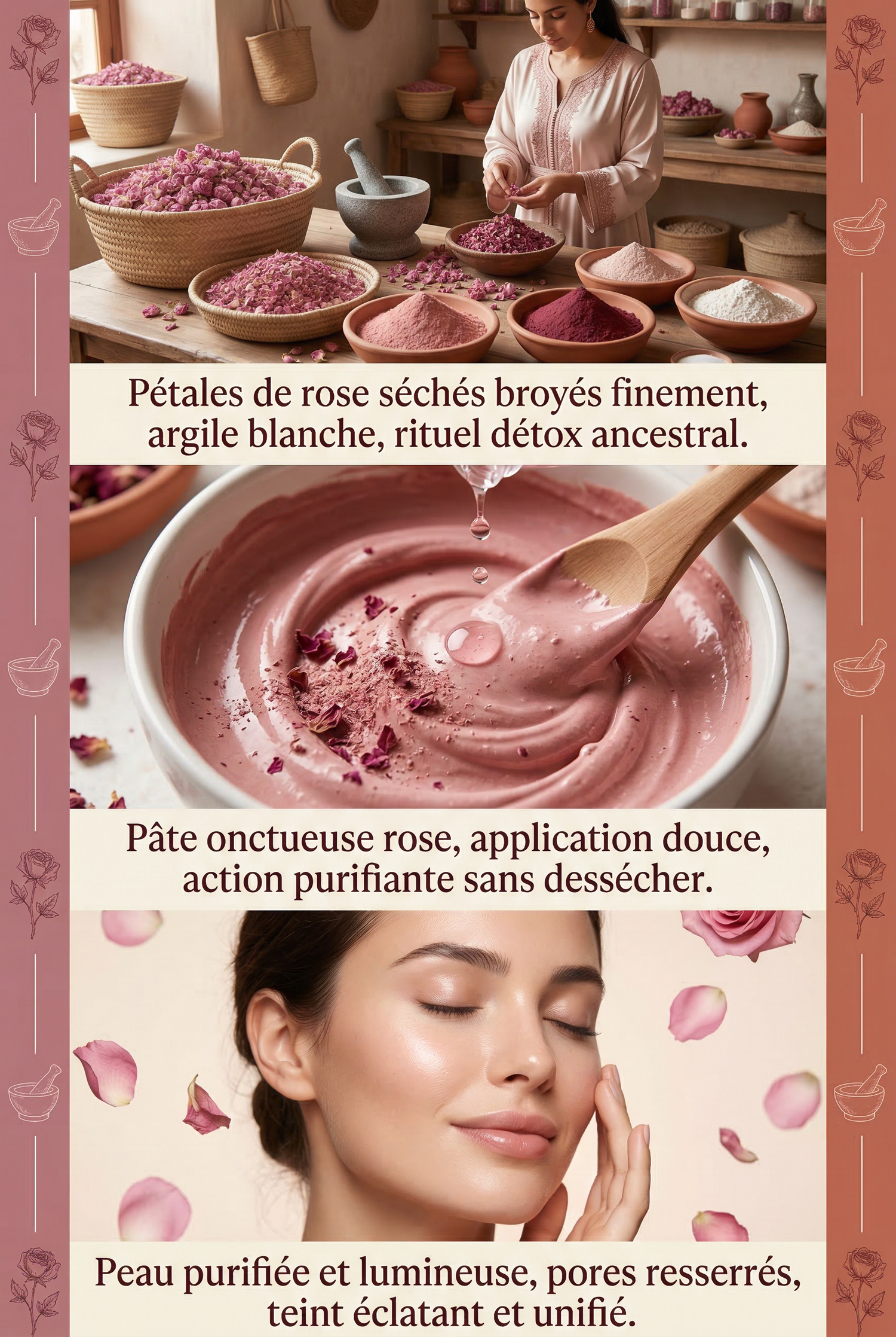 Woman preparing natural rose and clay skincare ingredients, pink facial mask in bowl, close-up of woman with glowing skin