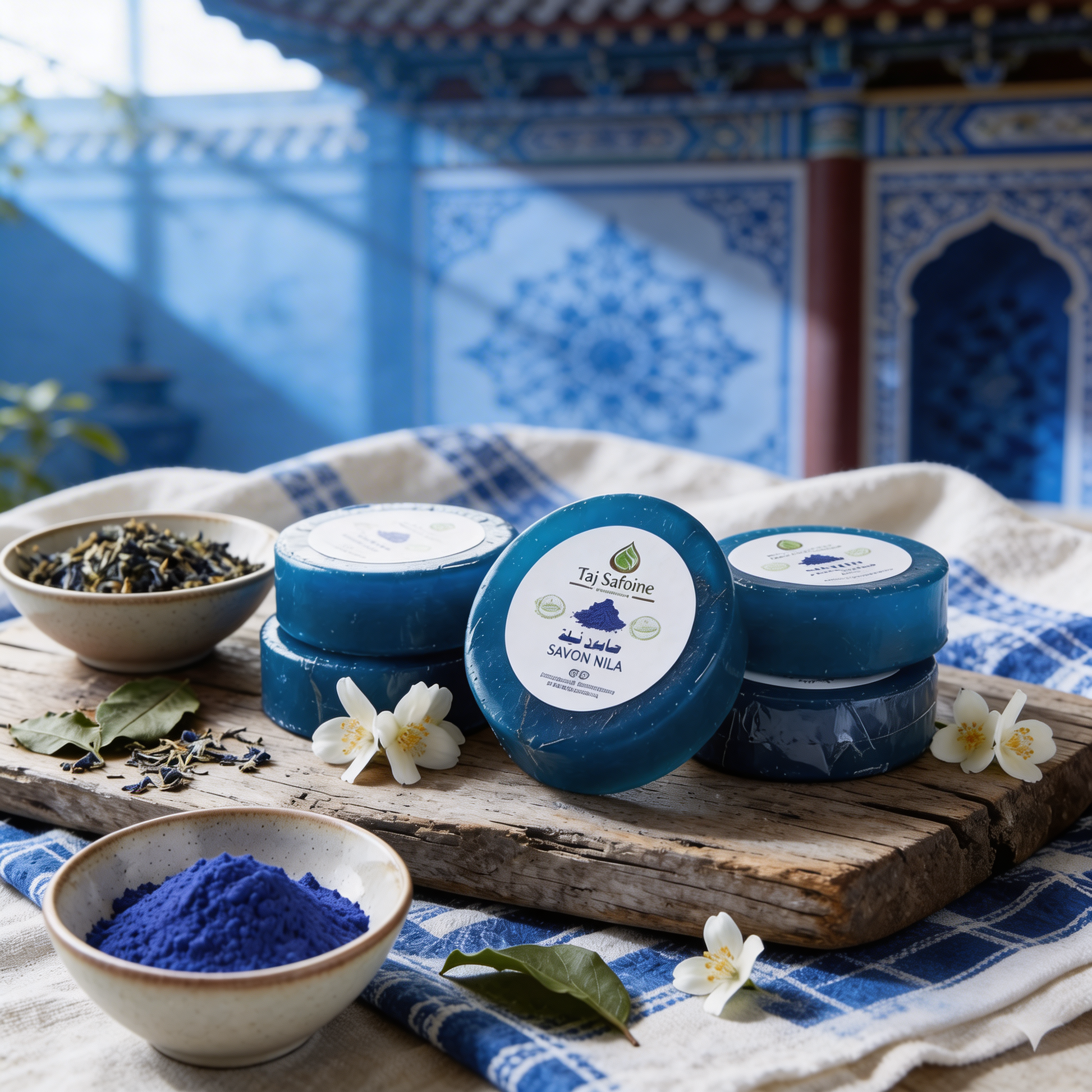 Savon Éclaircissant à la Nila Bleue – Teint Unifié JODHUR, à l’huile d’argan bio et infusion de moringa, soin purifiant naturel.