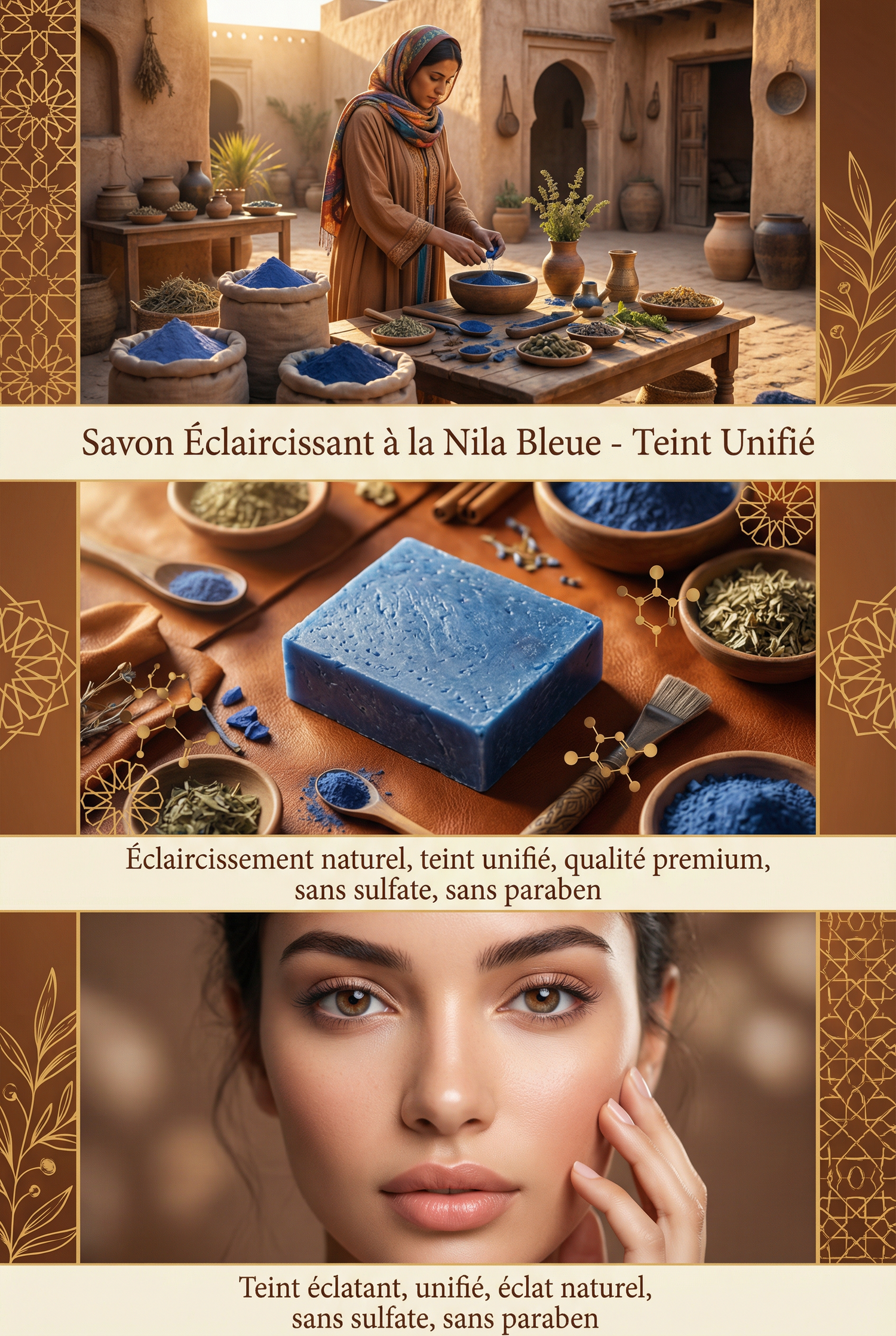 Woman preparing blue pigment with natural ingredients, close-up of blue soap bar, and portrait of woman with clear skin