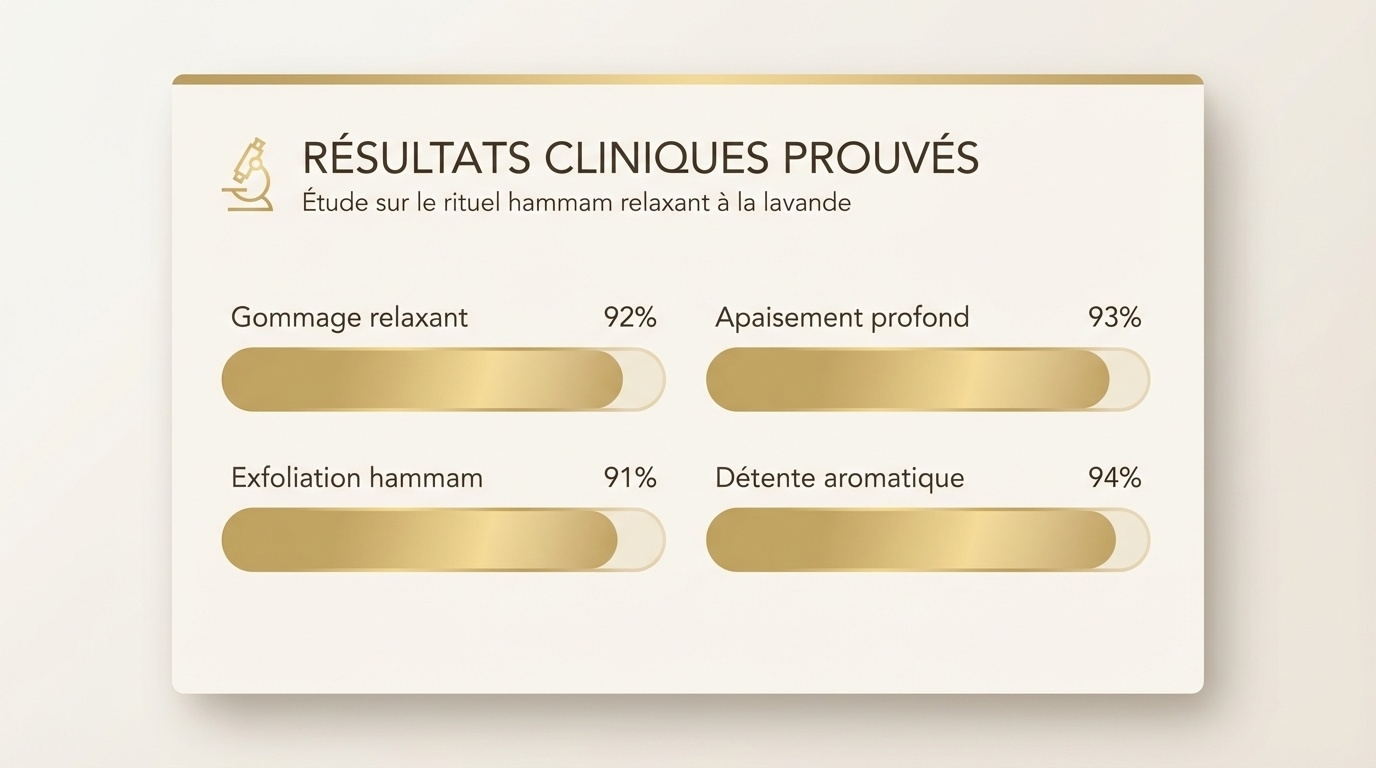 Clinical results chart showing relaxation, deep soothing, hammam exfoliation, and aromatic relaxation percentages above 90%.