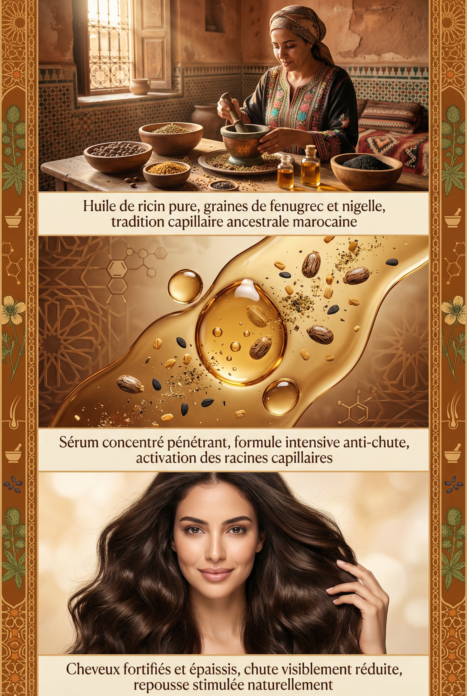 Woman preparing traditional Moroccan hair treatment with natural seeds, golden serum drops, and a model with thick, healthy hair