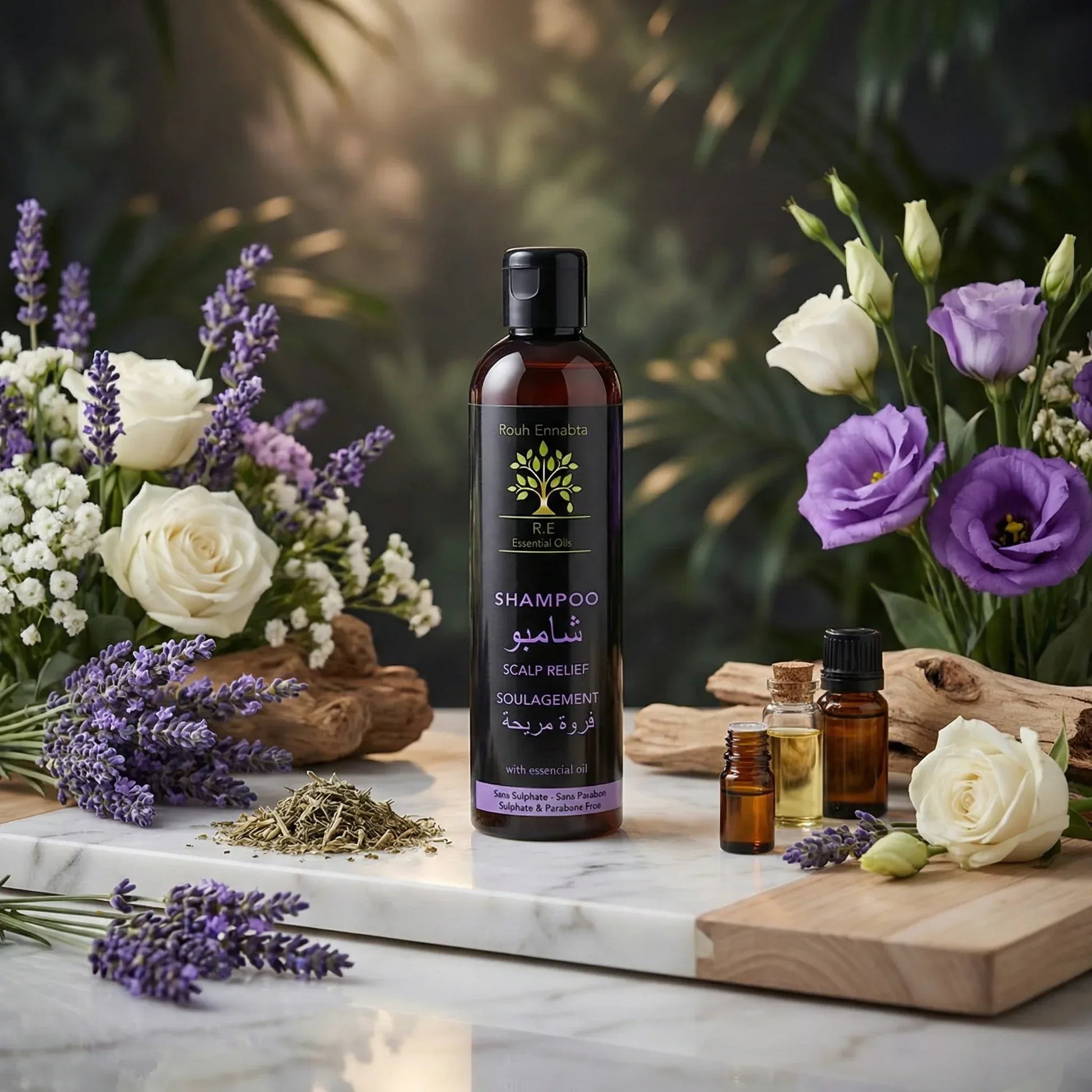 Flacon de shampoing apaisant cuir chevelu sensible Jodhur — anti-pellicules démangeaisons sans sulfate Maroc