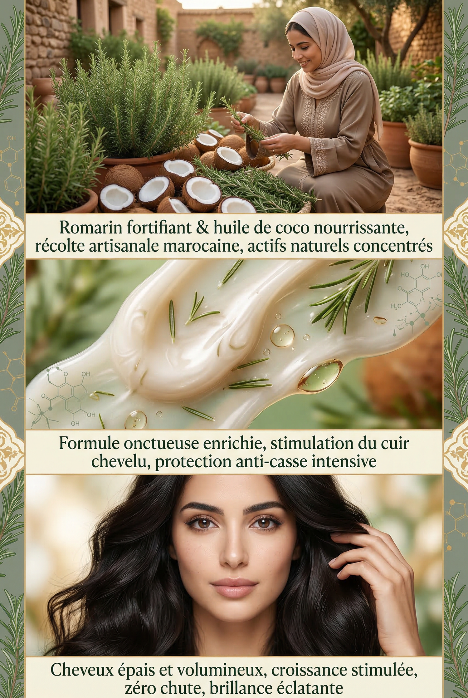 Woman harvesting fresh rosemary and coconuts in a garden, with creamy hair product and a woman with thick, shiny hair below.
