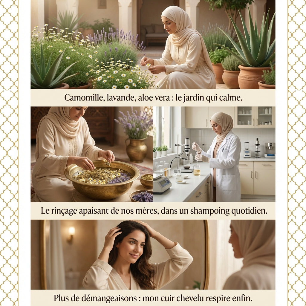 Woman in hijab harvesting chamomile outdoors, mixing herbs in bowl, and working in lab, plus woman with healthy hair indoors.